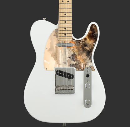Egyedi Fender Telecaster gitár koptató őszi színekben pompázó fákkal, hagyományos pagodákkal és ködbe burkolózó hegyekkel