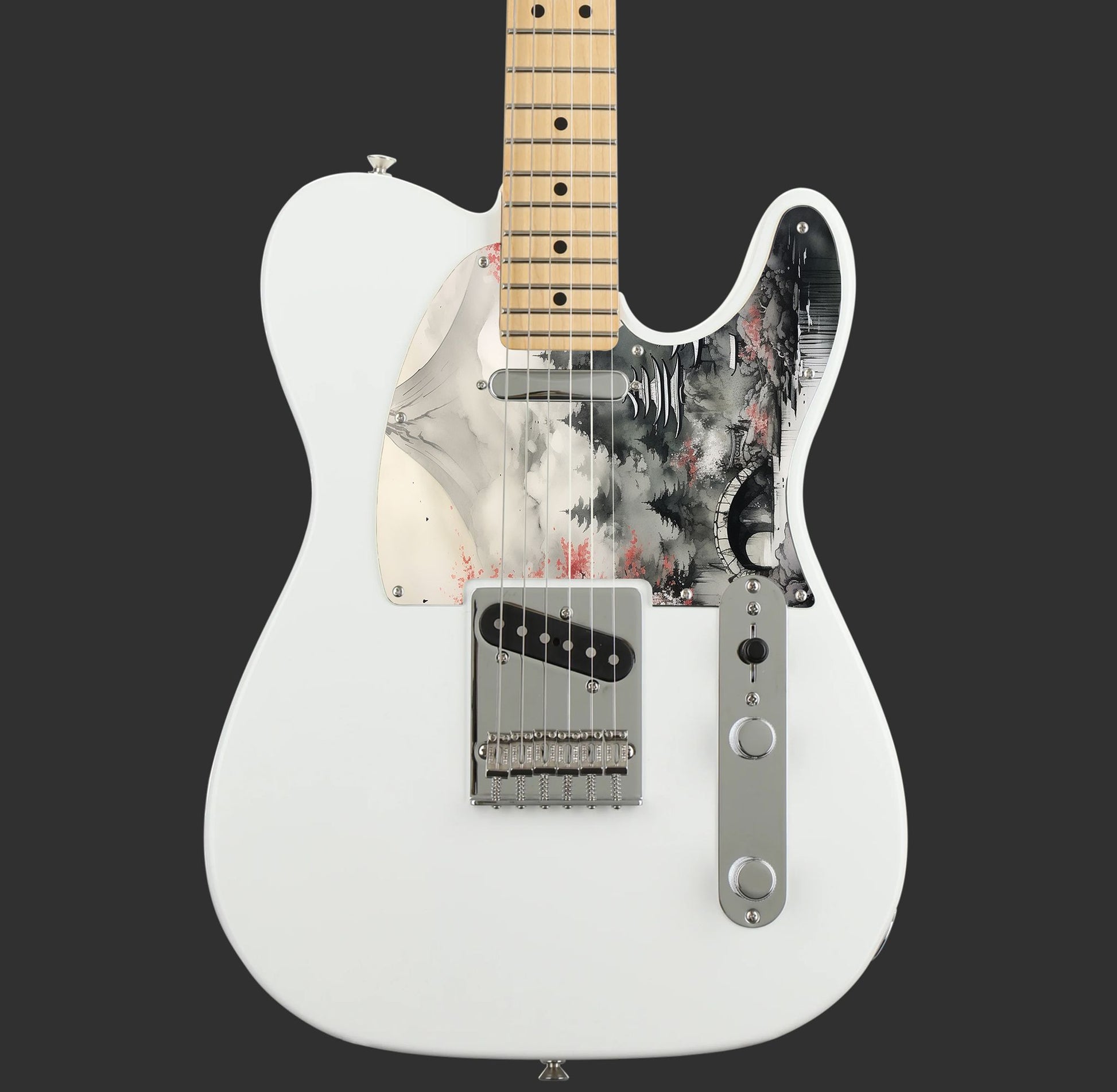 Egyedi Fender Telecaster gitár koptató japán cseresznyefával, kőhíddal és hegyekkel a ködös tájban