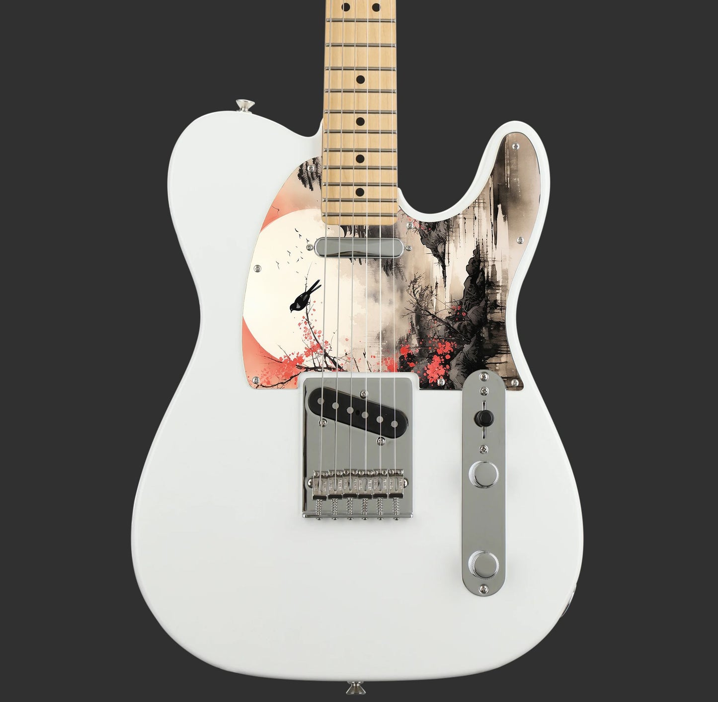 Egyedi Fender Telecaster gitár koptató vörös virágzó fával, ágon ülő madárral és ködös folyóparti tájképpel a háttérben