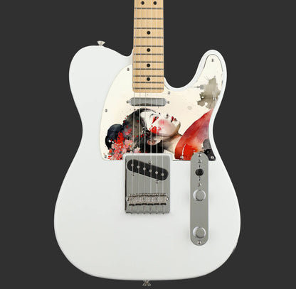 Egyedi Fender Telecaster gitár koptató piros kimonót viselő japán nő portréjával, virágdíszítéssel és pagodával a háttérben