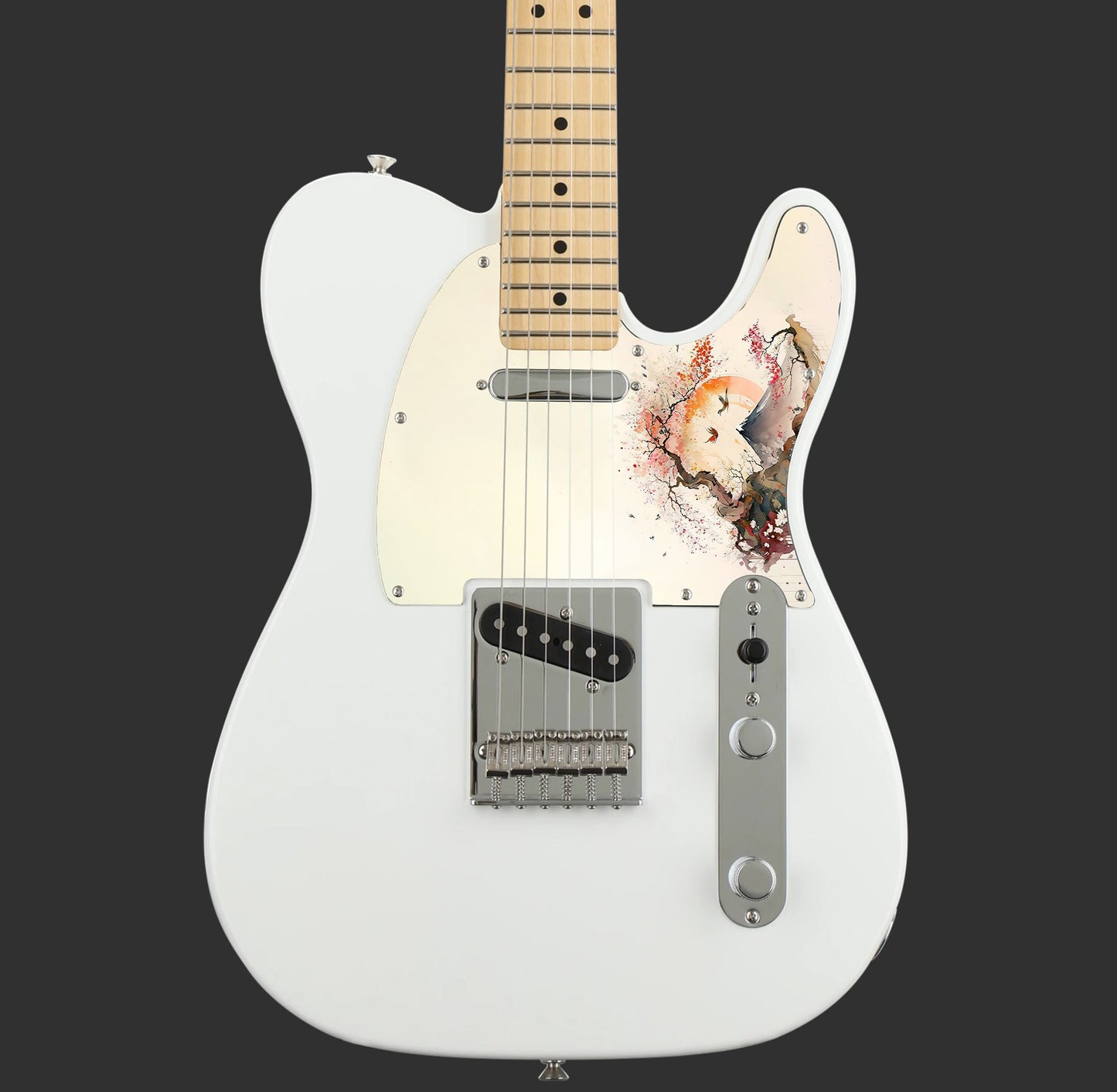 Egyedi Fender Telecaster gitár koptató ívelt cseresznyefával, távoli hegycsúccsal és naplementében repülő madarakkal
