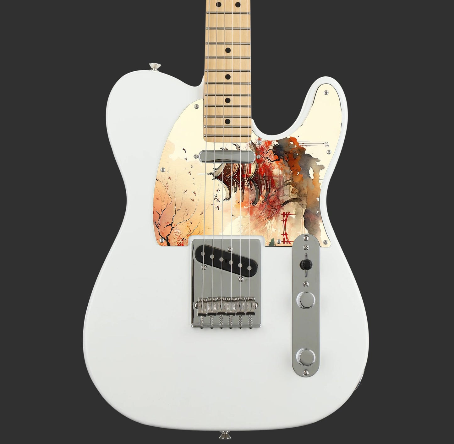 Egyedi Fender Telecaster gitár koptató vörös pagodával, őszi lombú fákkal és madárrajjal a narancsos égbolt alatt