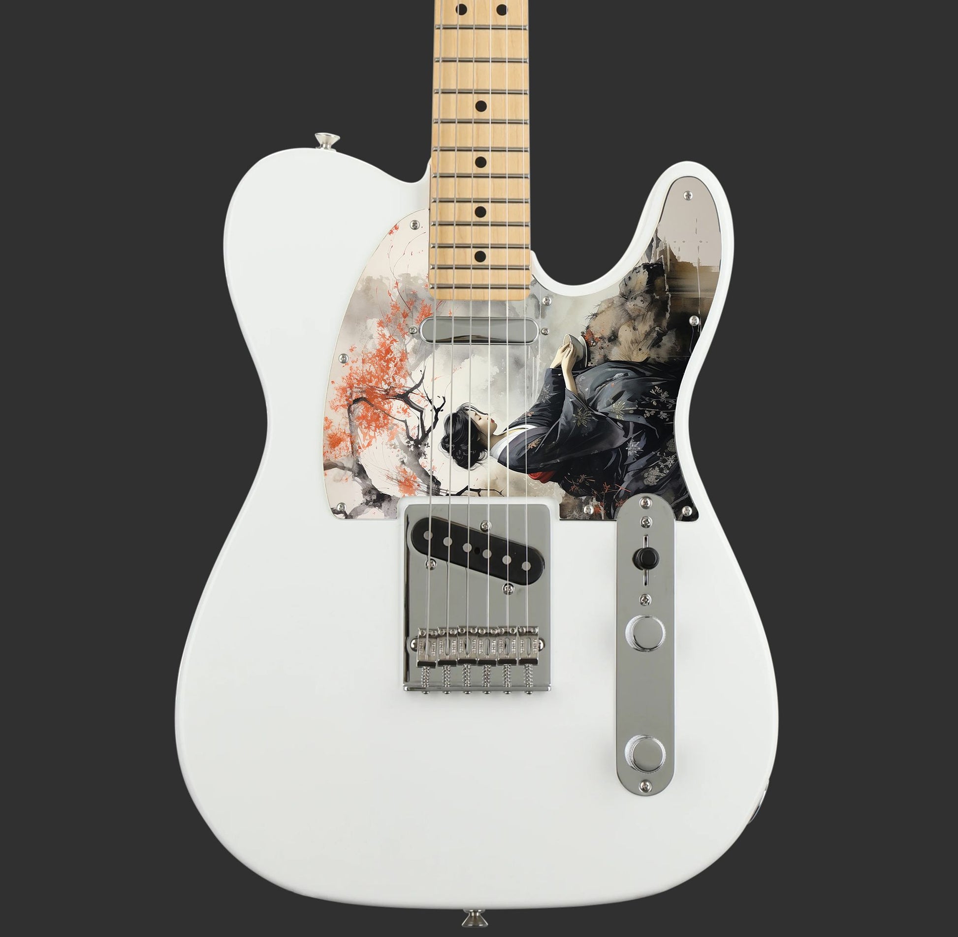 Egyedi Fender Telecaster gitár koptató japán nőalak ábrázolásával, fekete kimonóban, vörös levelű fa alatt ülve a folyóparton