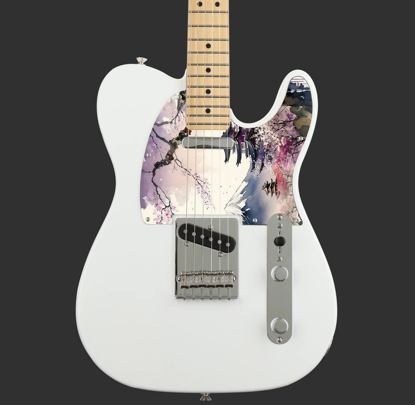 Egyedi Fender Telecaster gitár koptató cseresznyevirágzó fákkal, hagyományos pagodákkal és hófödte hegycsúccsal a háttérben