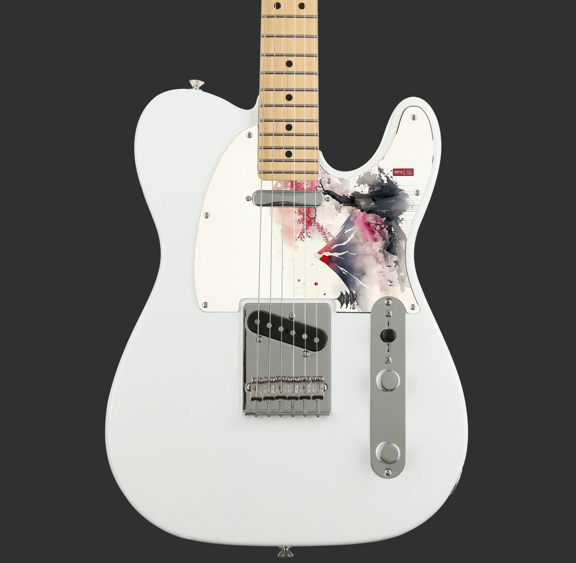 Egyedi Fender Telecaster gitár koptató hófödte hegycsúccsal, cseresznyevirágzó fákkal és pagodával a ködös tájban