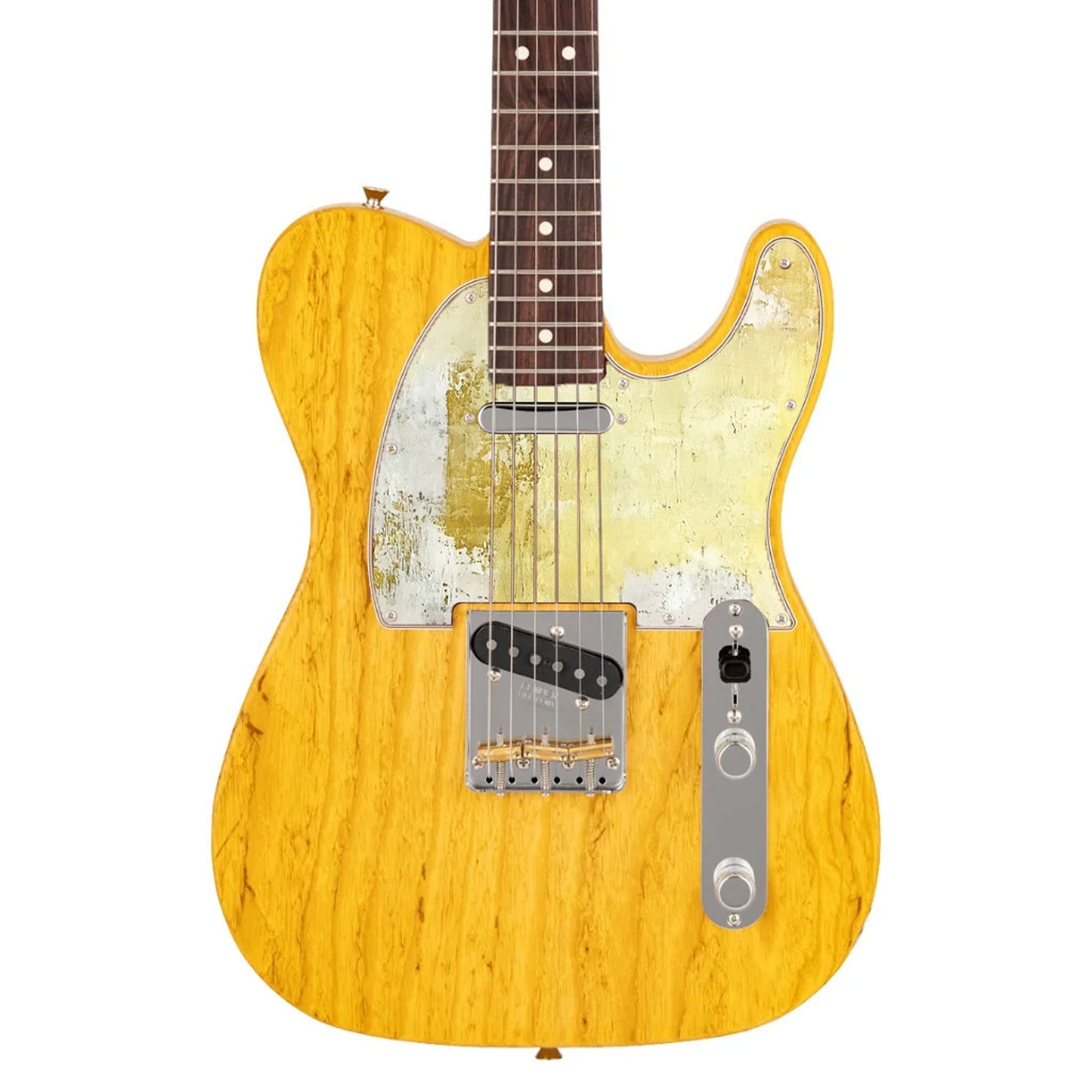 Egyedi Fender Telecaster gitár koptató aranysárga és krémszínű árnyalatokkal, rusztikus textúrával és kontrasztos felülettel