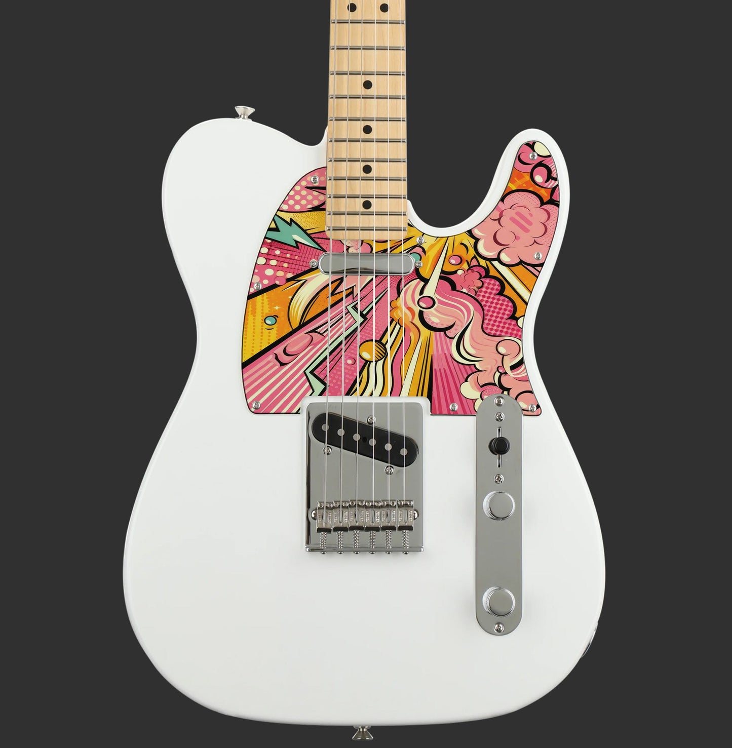 Egyedi Fender Telecaster gitár koptató élénk pop-art stílusban, sárga, rózsaszín és narancs árnyalatokkal, dinamikus mintázattal
