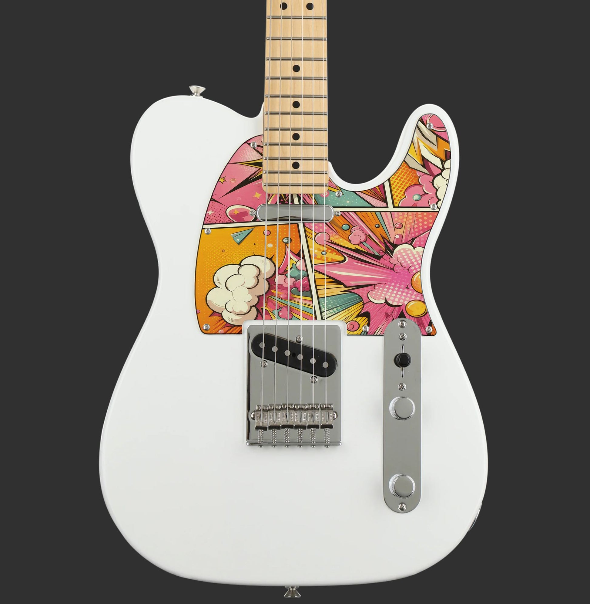 Egyedi Fender Telecaster gitár koptató élénk pop-art mintázattal, vibráló rózsaszín, sárga és narancs árnyalatokkal