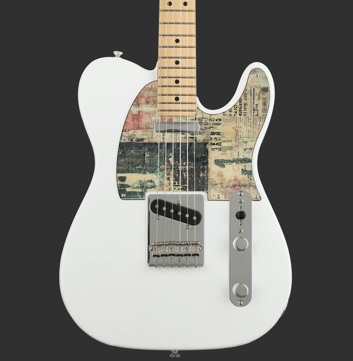 Vintage stílusú Telecaster gitárkoptató kopott számos mintával, egyedi gitárokhoz ideális.