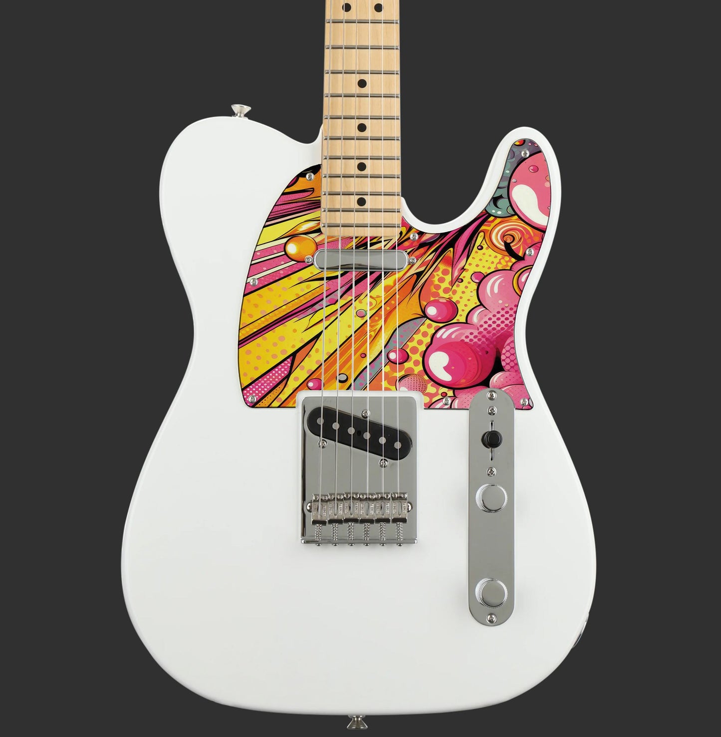 Egyedi Fender Telecaster gitár koptató élénk pop-art dizájnnal, sárga, rózsaszín és narancs színek dinamikus mintázatával