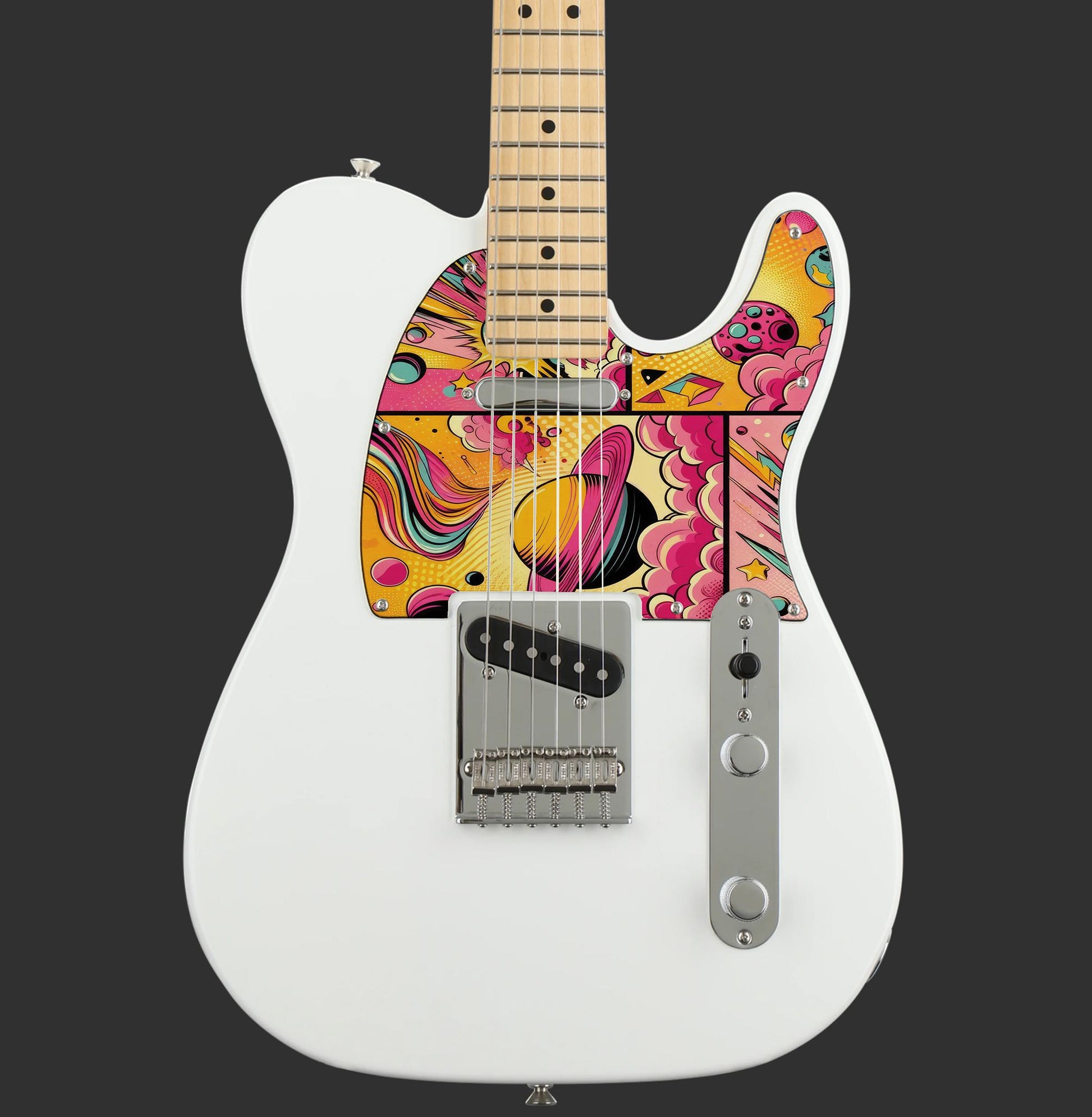 Egyedi Fender Telecaster gitár koptató élénk pop-art stílusban, bolygókkal, csillagokkal és dinamikus rózsaszín-sárga árnyalatokkal