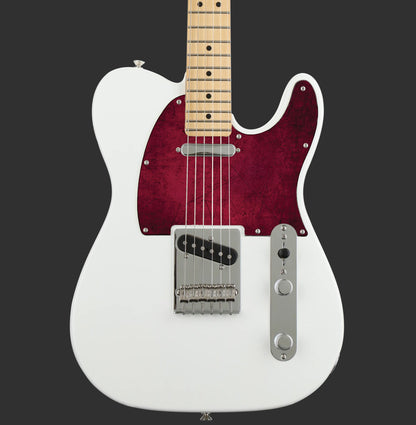 Egyedi Fender Telecaster gitár koptató élénk bordó árnyalatokkal, karcos felületi mintázattal és karakteres vintage megjelenéssel