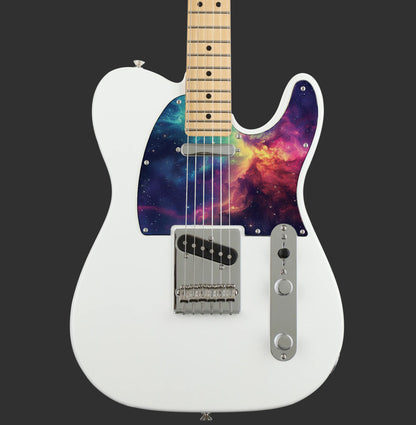 Egyedi Fender Telecaster gitár koptató vibráló galaxis mintázattal, élénk rózsaszín, narancs és kék ködfelhőkkel és csillagokkal