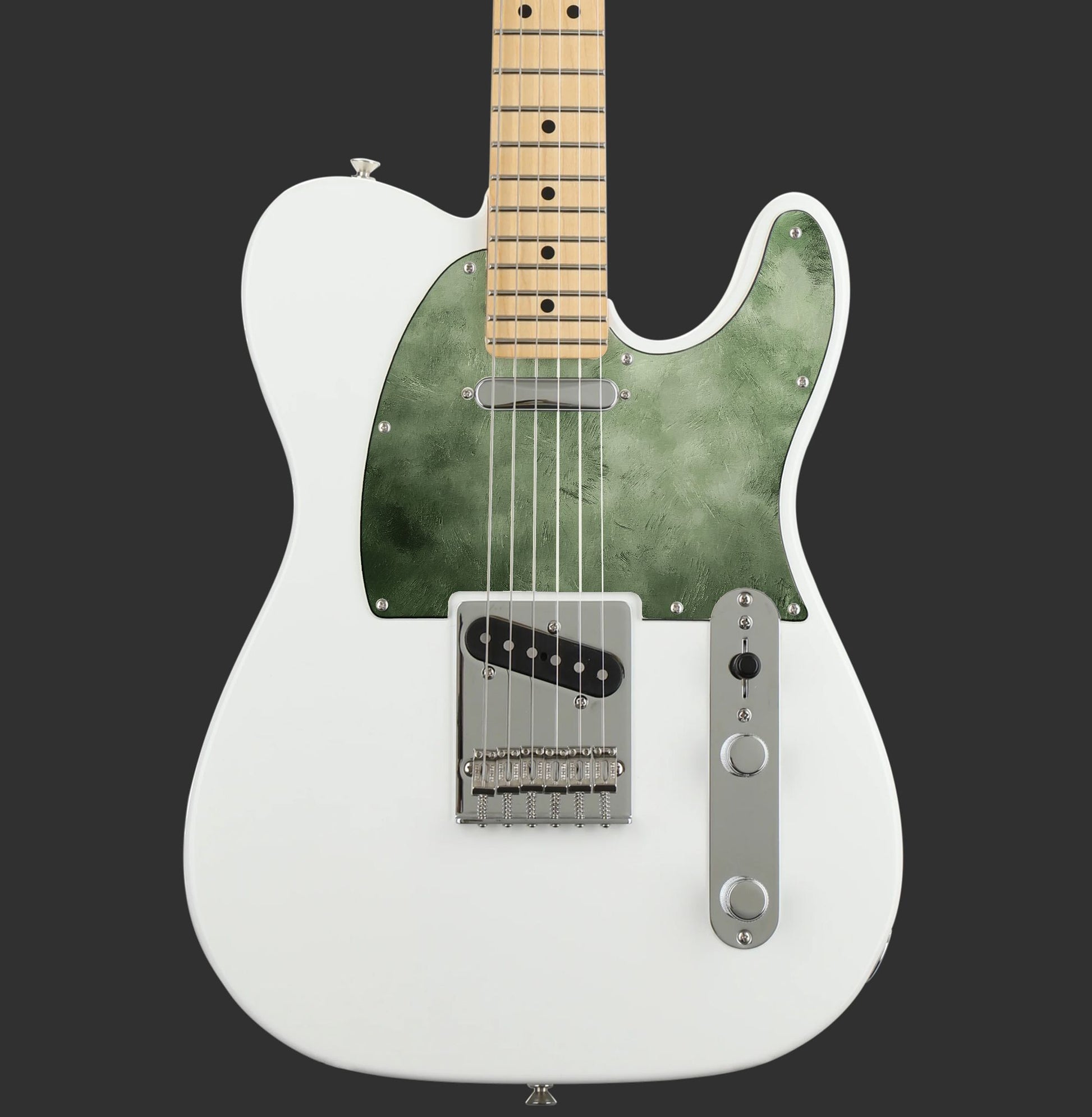 Egyedi Telecaster gitár koptató világoszöld, finoman koptatott textúrával és elegáns vintage hatással