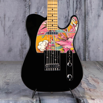 Egyedi Fender Telecaster gitár koptató élénk pop-art mintázattal, vibráló rózsaszín, sárga és narancs árnyalatokkal