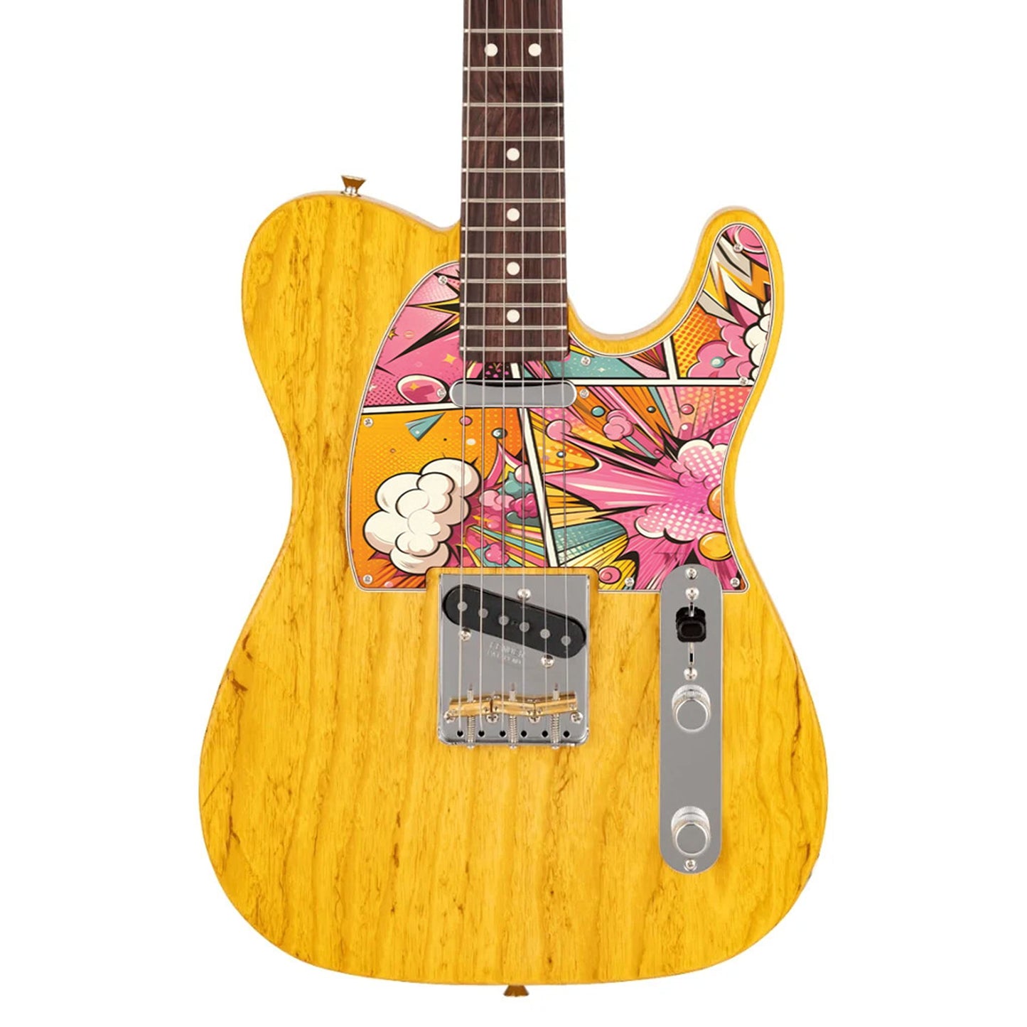Egyedi Fender Telecaster gitár koptató élénk pop-art mintázattal, vibráló rózsaszín, sárga és narancs árnyalatokkal