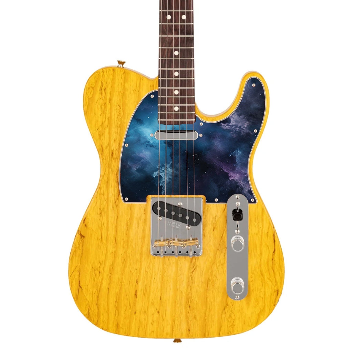 Egyedi Fender Telecaster gitár koptató kozmikus mintázattal, kékes-lilás árnyalatokkal és csillagokkal díszített galaxis hatással