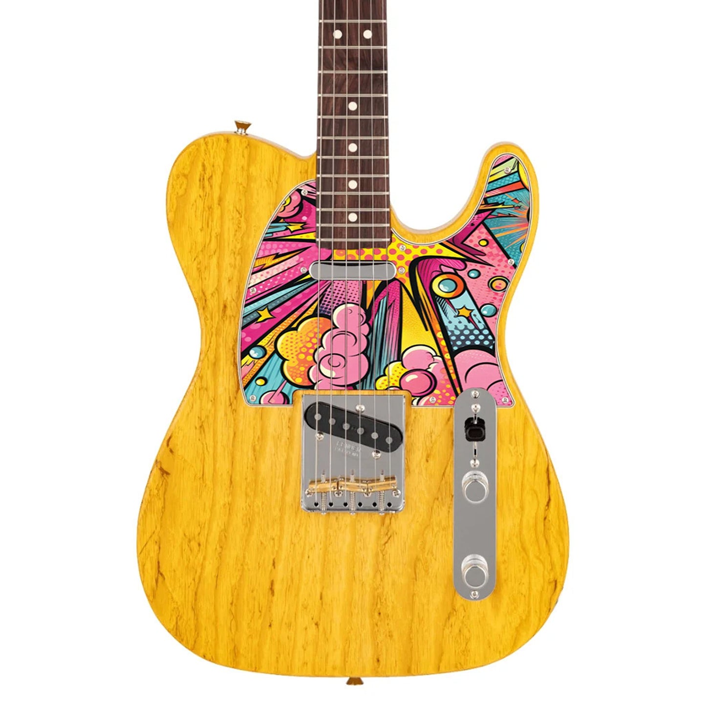 Egyedi Fender Telecaster gitár koptató élénk pop-art dizájnnal, sárga, rózsaszín és kék árnyalatokkal, dinamikus mintázattal