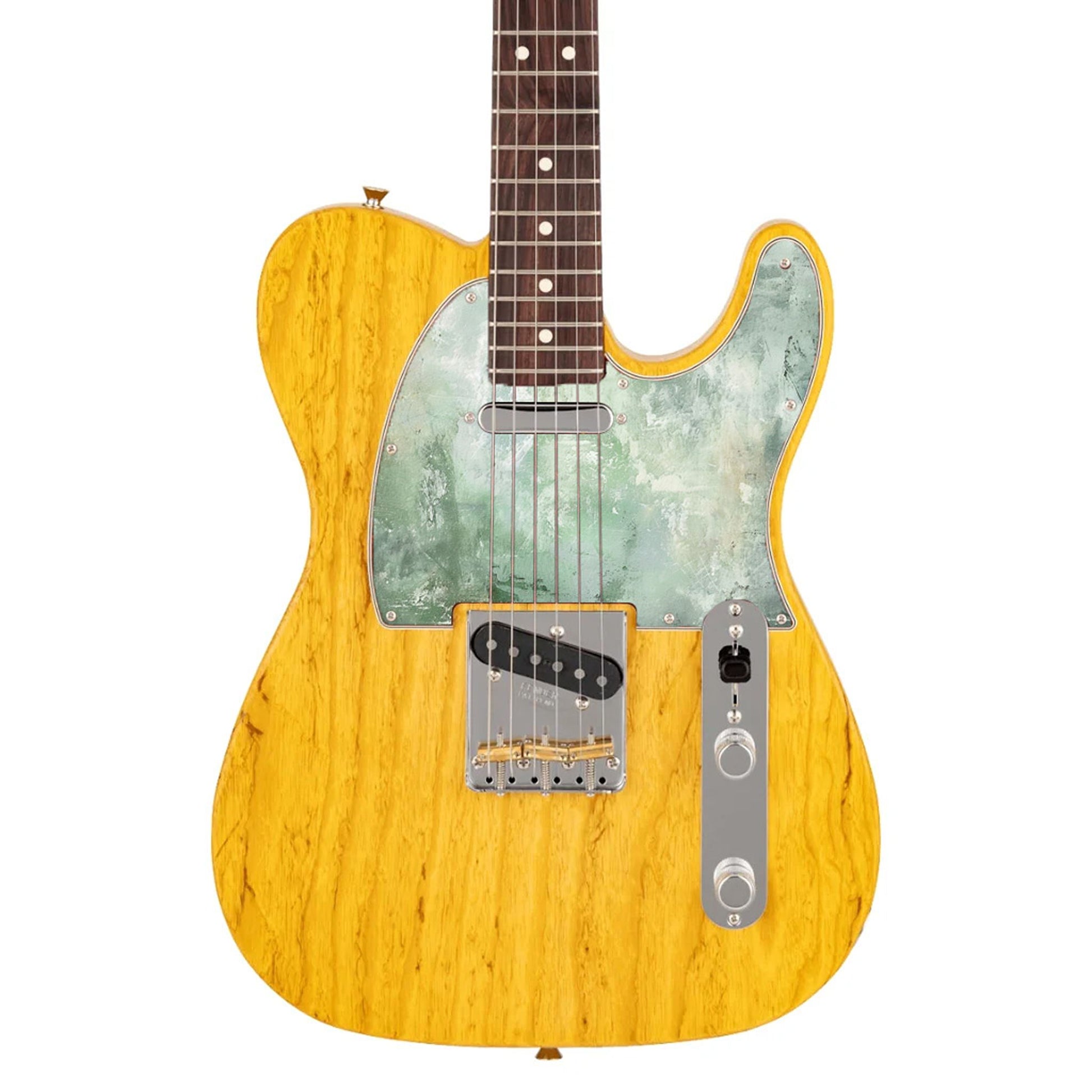 Egyedi Telecaster gitár koptató halványzöld, művészien koptatott textúrával, vintage hatással