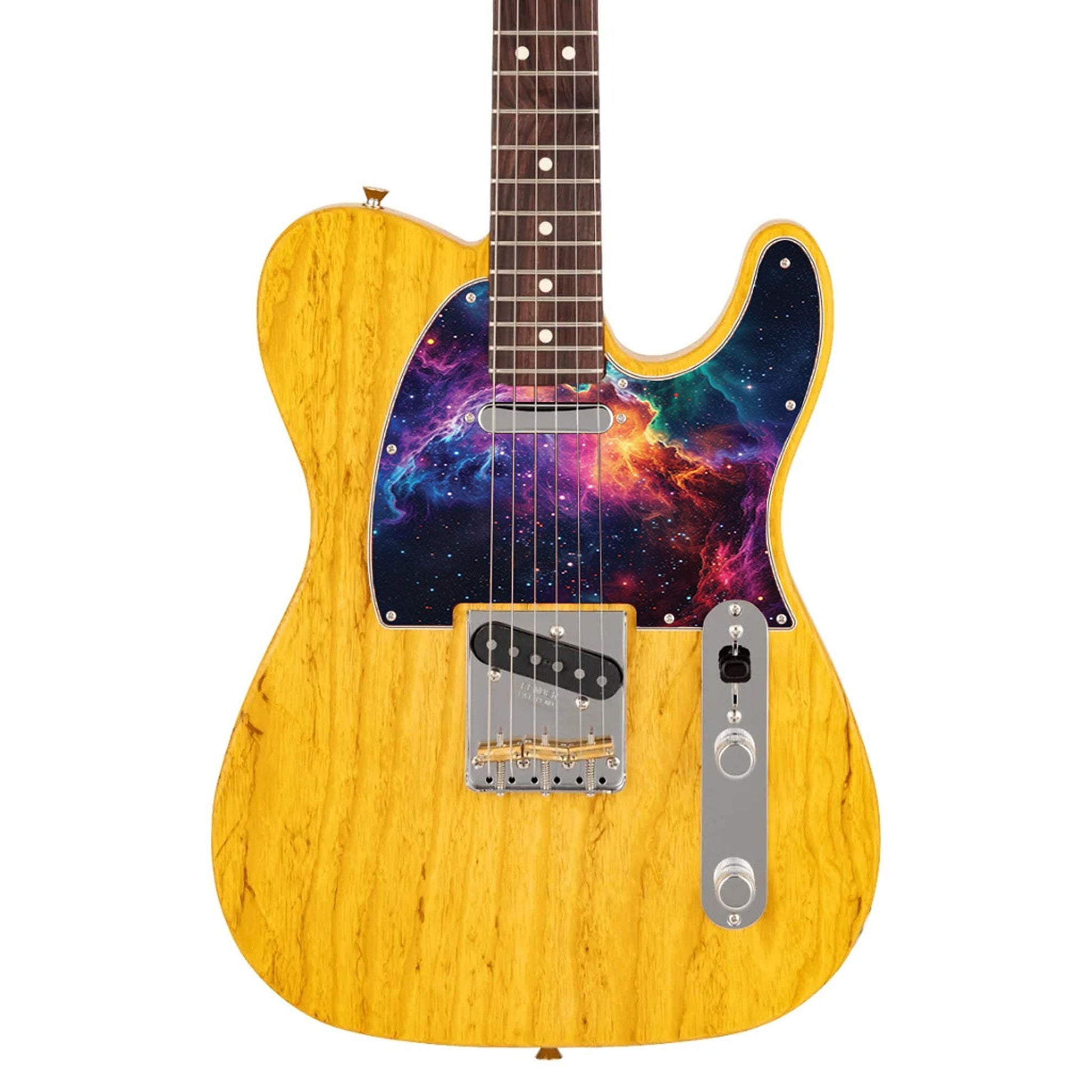 Egyedi Fender Telecaster pickguard élénk galaxis mintázattal, vibráló lila, narancs és kék ködfelhőkkel és ragyogó csillagokkal