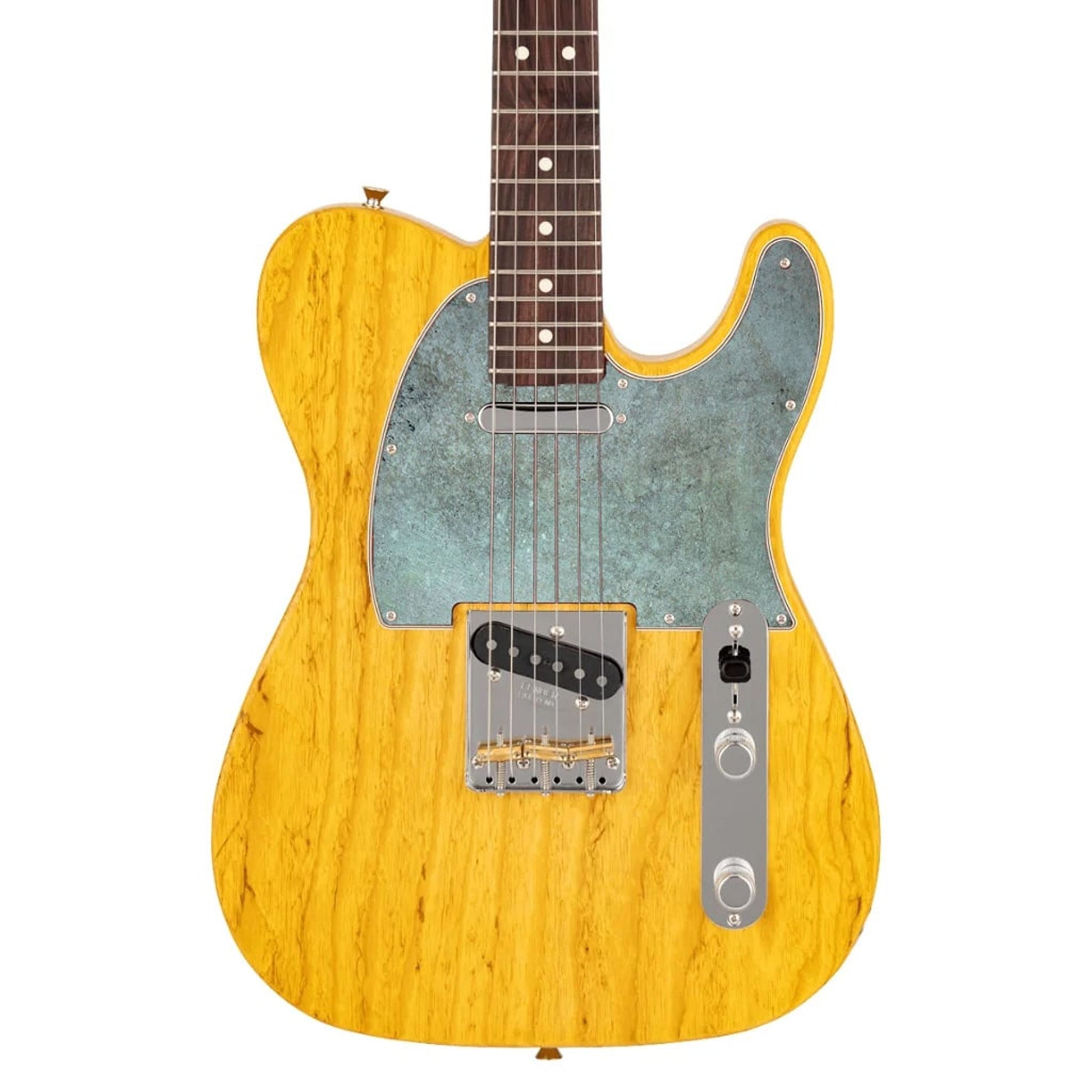 Egyedi Fender Telecaster gitár koptató, oxidált fémhatású textúrával, kékes és rozsdás árnyalatokkal