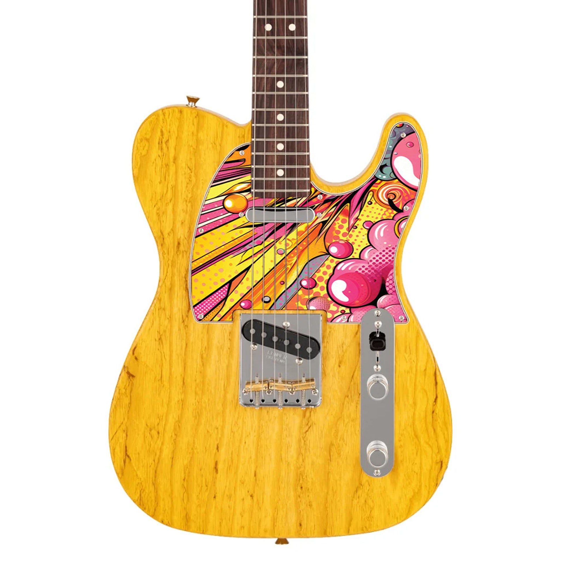 Egyedi Fender Telecaster gitár koptató élénk pop-art dizájnnal, sárga, rózsaszín és narancs színek dinamikus mintázatával