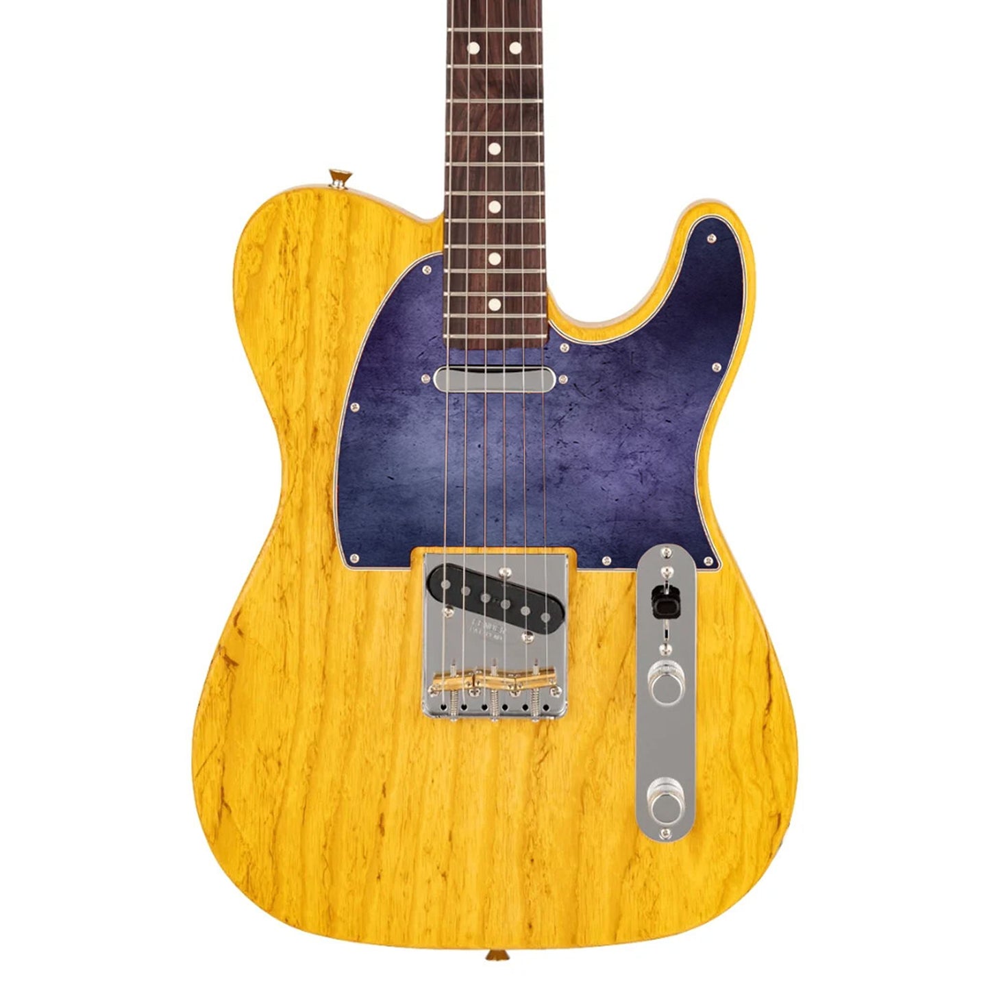 Egyedi Fender Telecaster gitár koptató mélylila árnyalatokkal, finoman karcos felülettel és visszafogott vintage stílussal