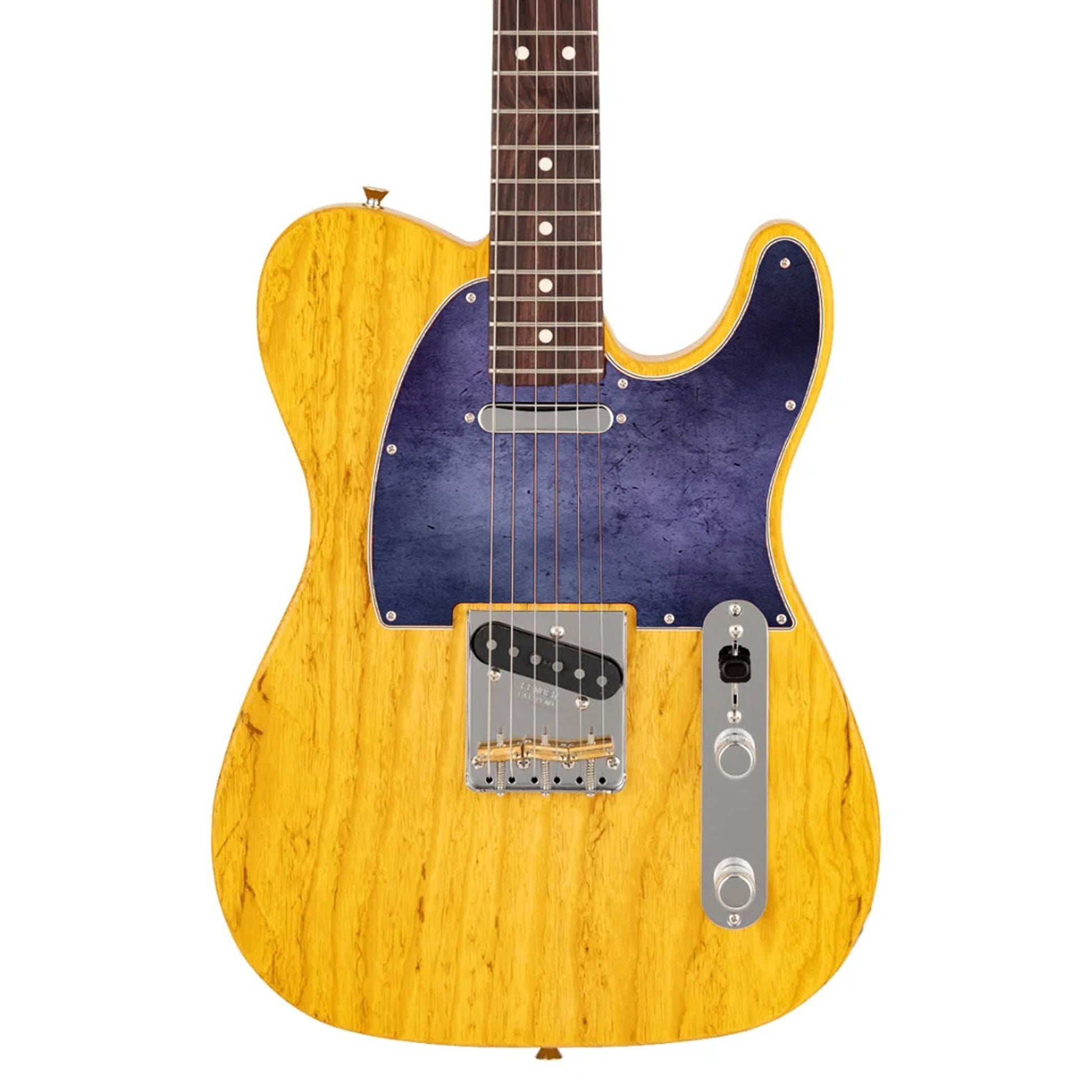 Egyedi Fender Telecaster gitár koptató mélylila árnyalatokkal, finoman karcos felülettel és visszafogott vintage stílussal