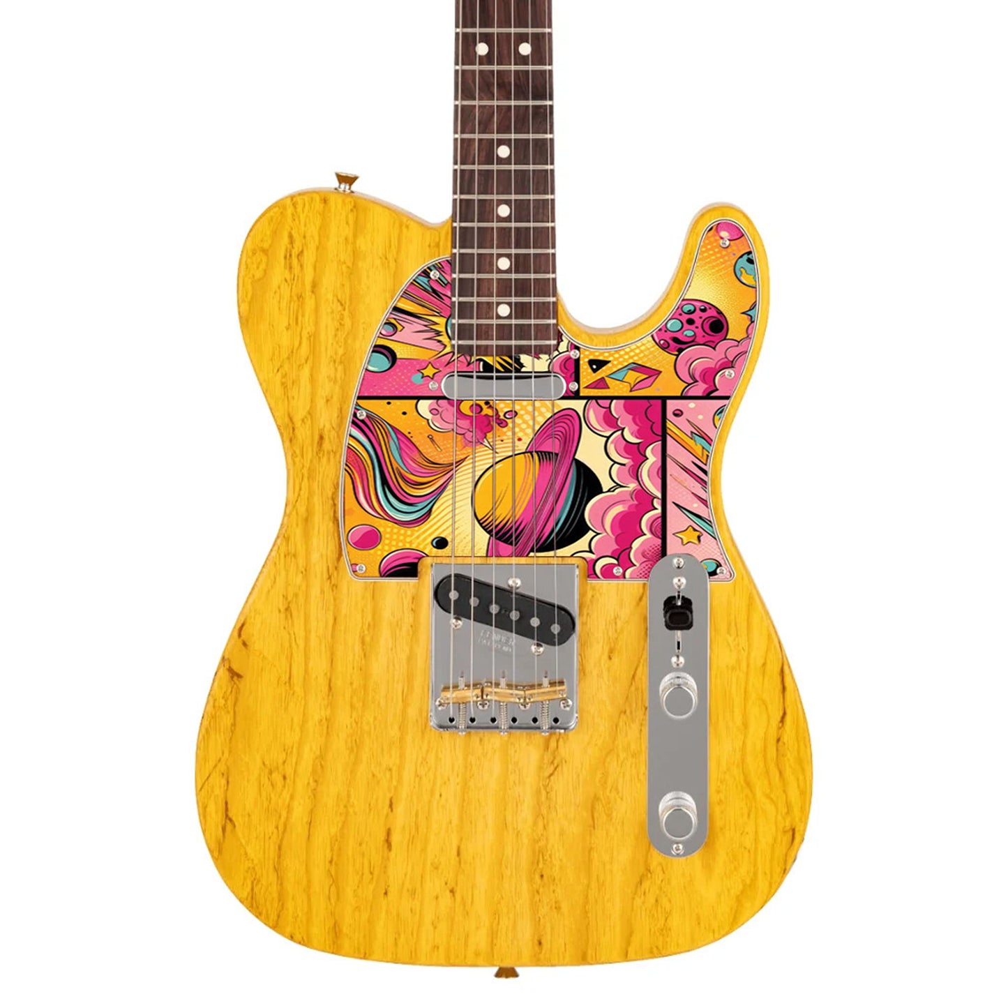 Egyedi Fender Telecaster gitár koptató élénk pop-art stílusban, bolygókkal, csillagokkal és dinamikus rózsaszín-sárga árnyalatokkal