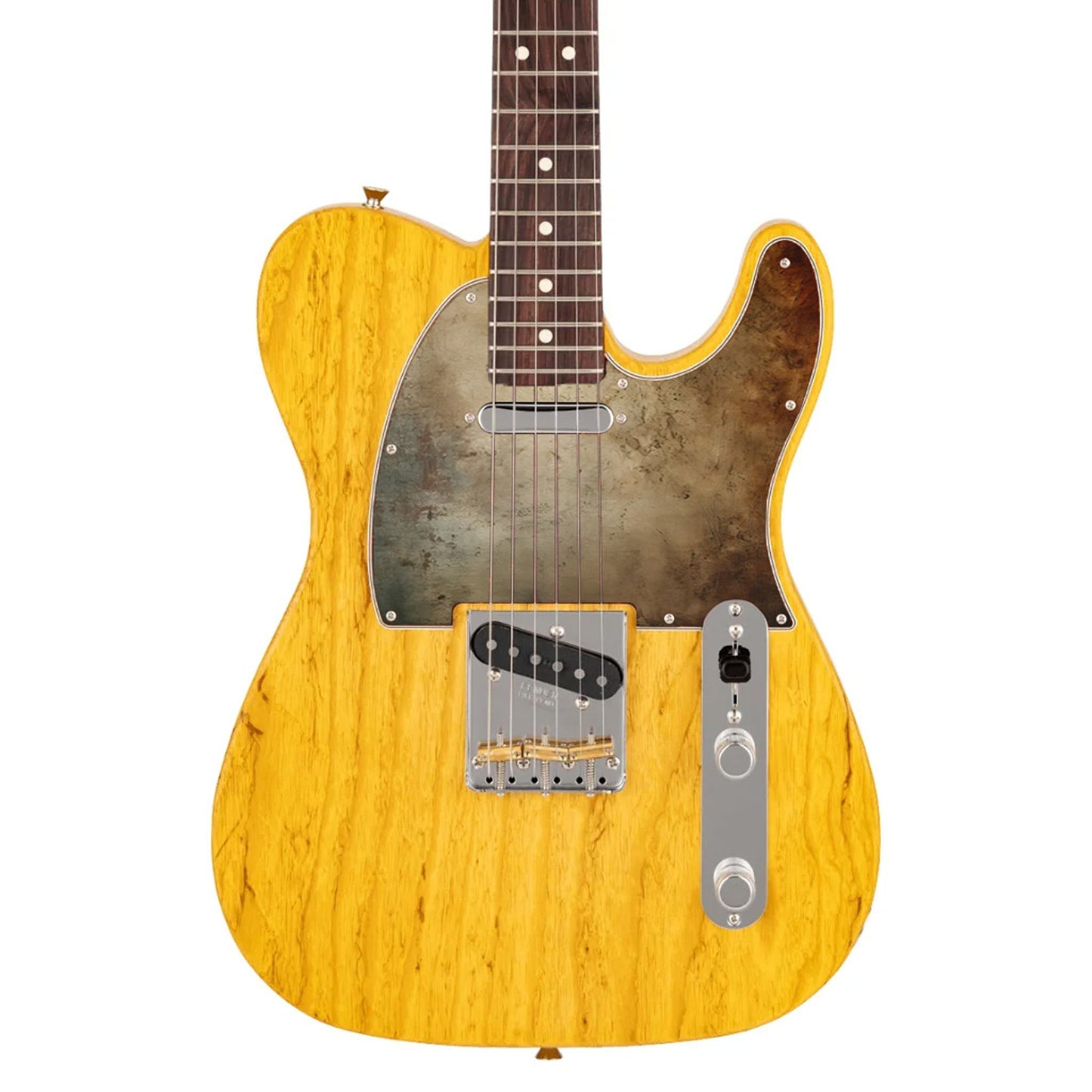 Egyedi Fender Telecaster gitár koptató antik bronz textúrával, sötét patinás árnyalatokkal és mély rozsdafoltokkal