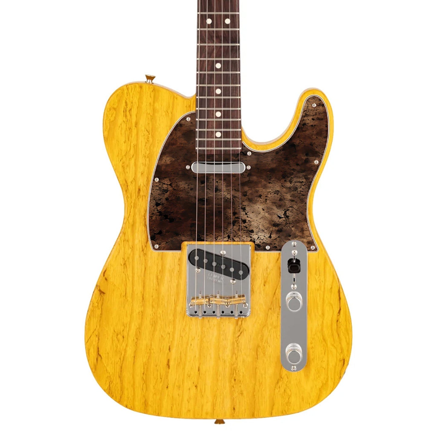 Egyedi Fender Telecaster gitár koptató sötét, repedezett textúrával, barnás-vöröses tónusokkal és égett hatású mintázattal