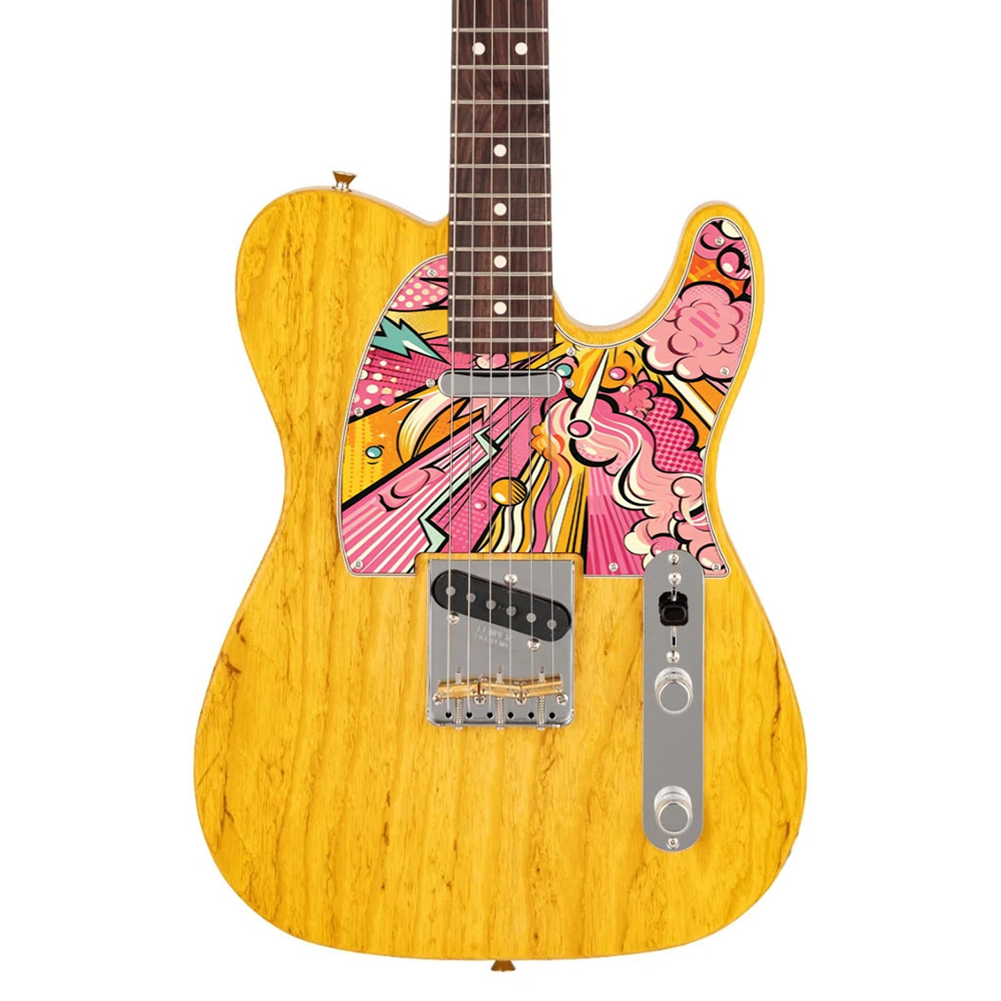 Egyedi Fender Telecaster gitár koptató élénk pop-art stílusban, sárga, rózsaszín és narancs árnyalatokkal, dinamikus mintázattal