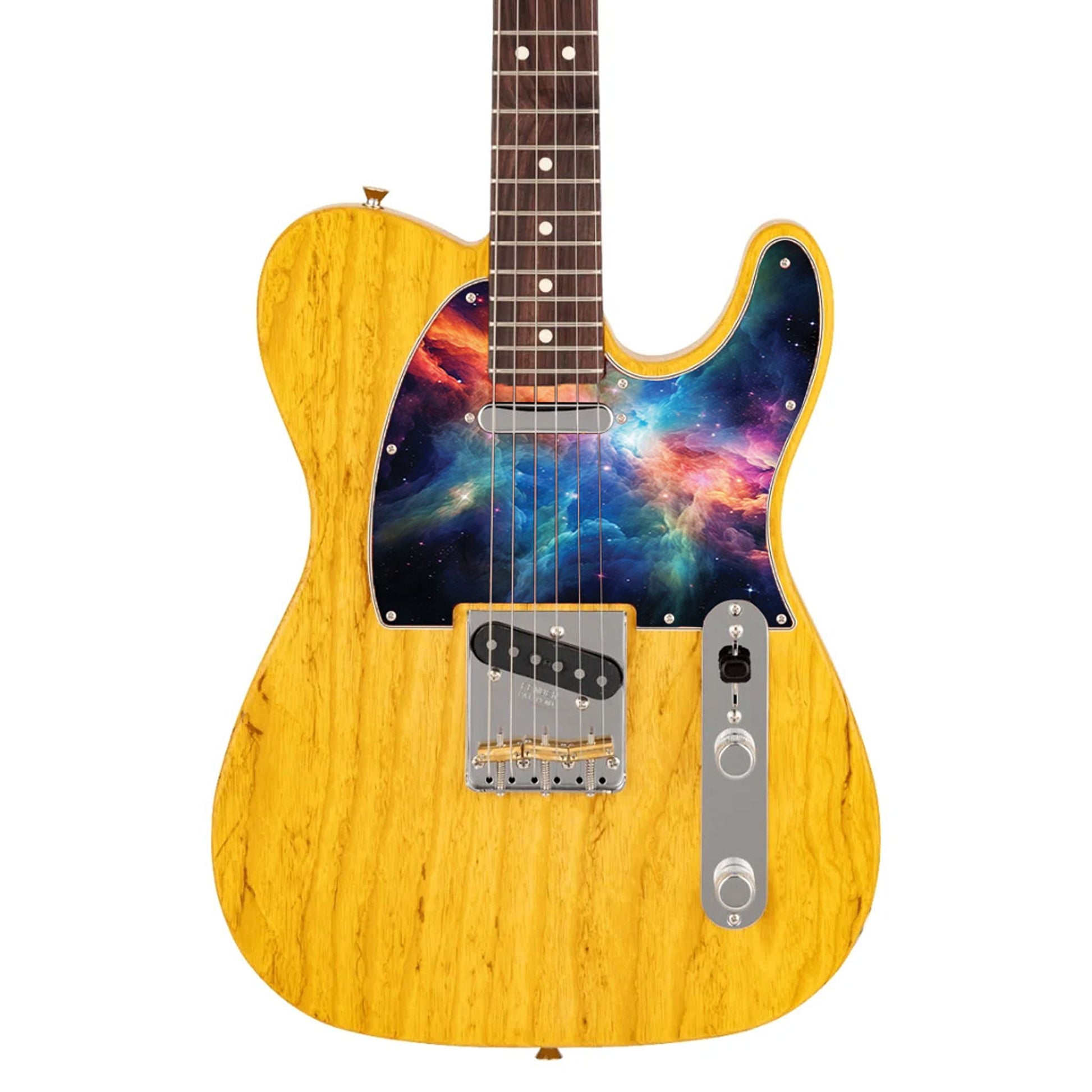 Egyedi Fender Telecaster gitár koptató színes galaxis mintázattal, élénk narancs, kék és lila ködfelhőkkel és ragyogó csillagokkal