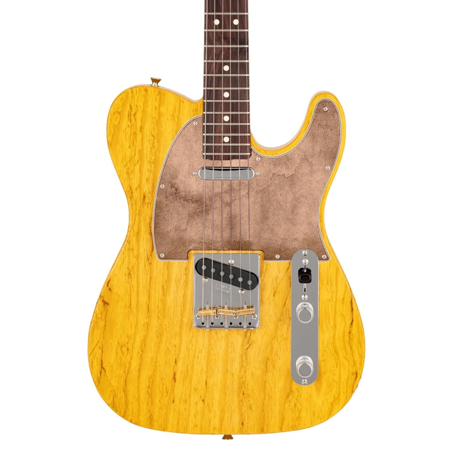 Egyedi Telecaster koptató meleg, barnás textúrával, amely rusztikus és vintage megjelenést biztosít