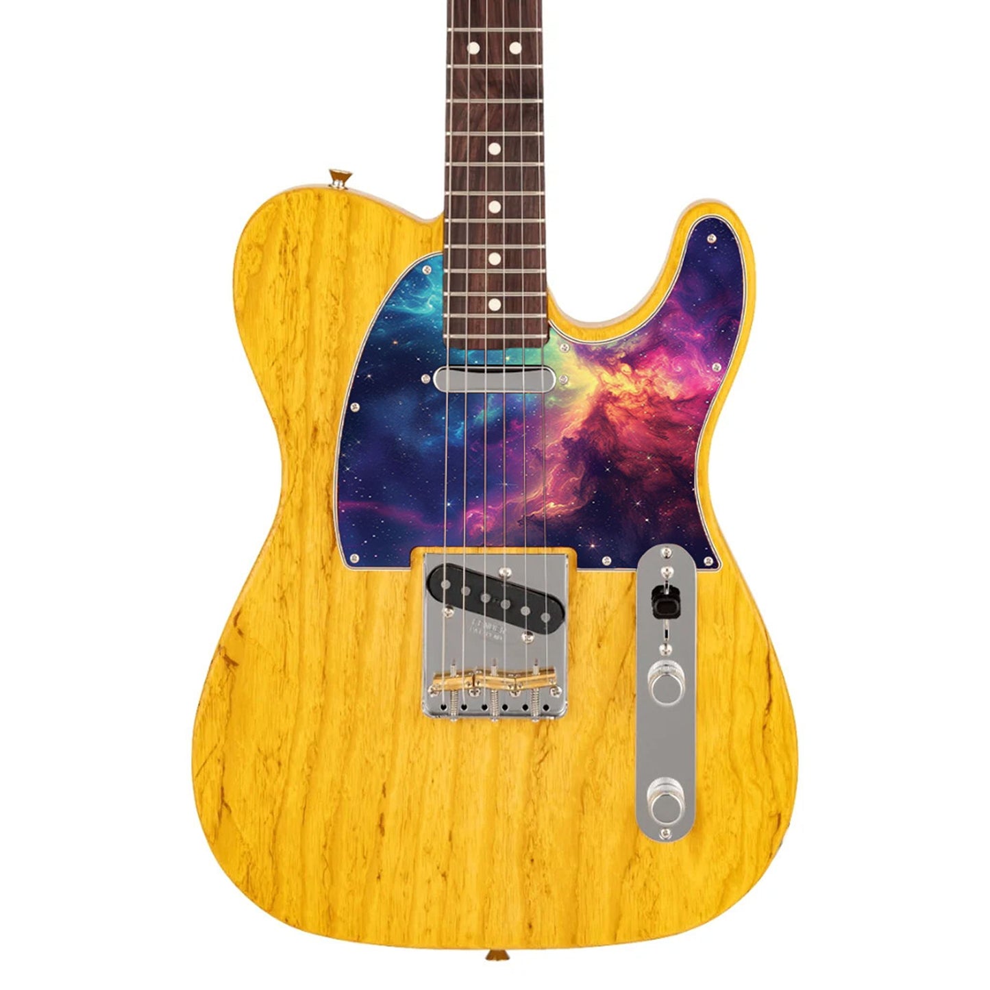 Egyedi Fender Telecaster gitár koptató vibráló galaxis mintázattal, élénk rózsaszín, narancs és kék ködfelhőkkel és csillagokkal