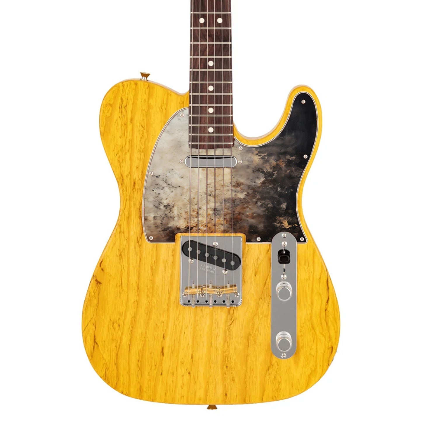 Egyedi Fender Telecaster gitár koptató füstös hatású textúrával, bézs és fekete árnyalatokkal, valamint finom rozsdafoltokkal