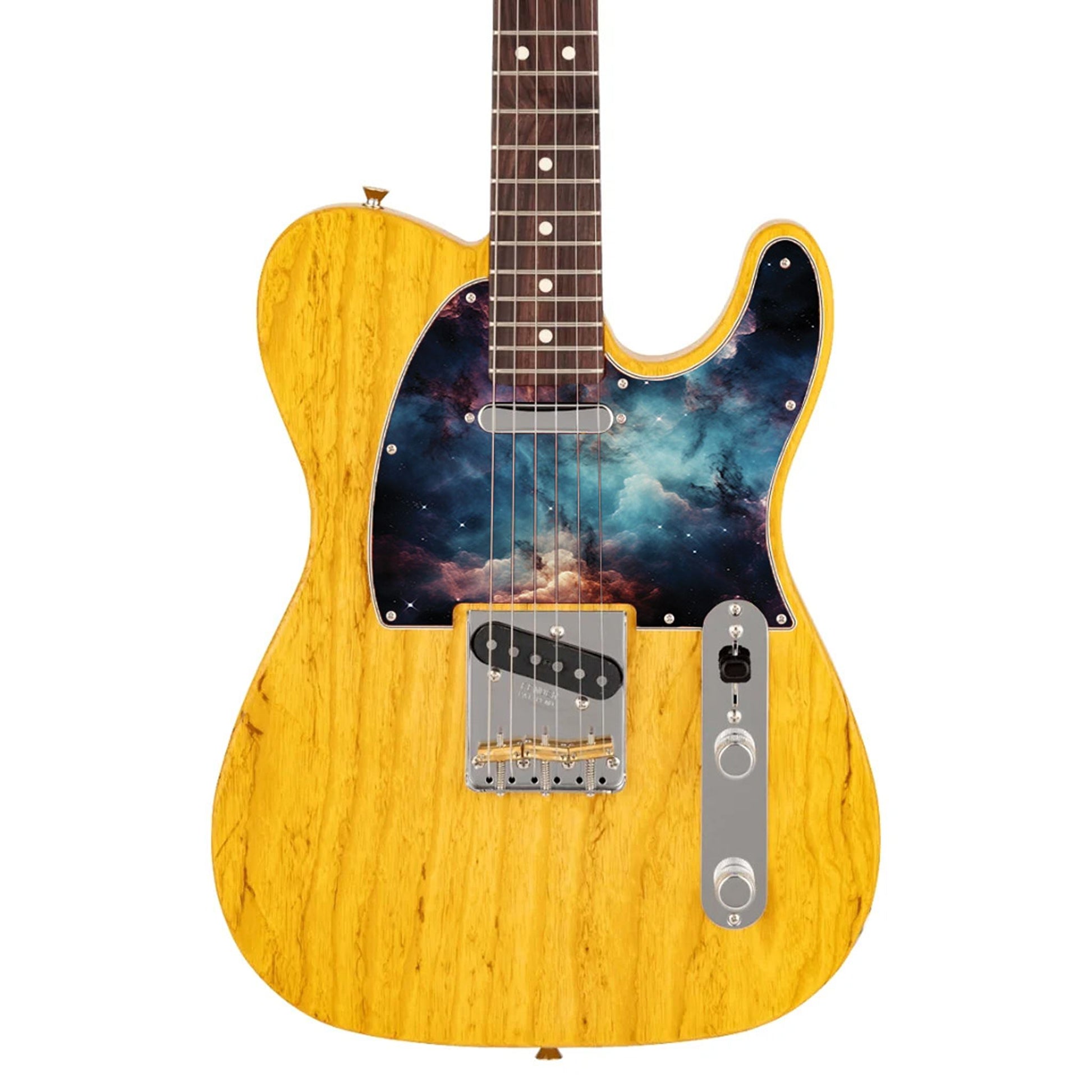 Egyedi Fender Telecaster gitár koptató kék és bordó galaxis mintázattal, kavargó ködfelhőkkel és finoman szórt csillagokkal