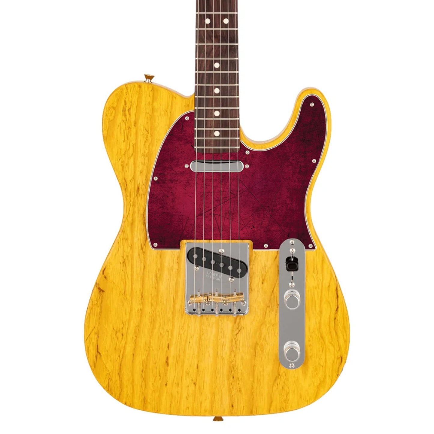 Egyedi Fender Telecaster gitár koptató élénk bordó árnyalatokkal, karcos felületi mintázattal és karakteres vintage megjelenéssel