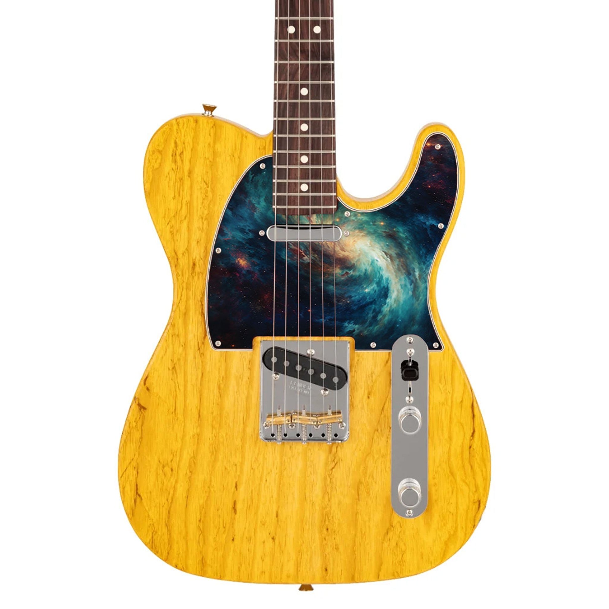 Egyedi Fender Telecaster gitár koptató örvénylő galaxis mintázattal, mélykék és arany árnyalatokkal, valamint szórtan ragyogó csillagokkal