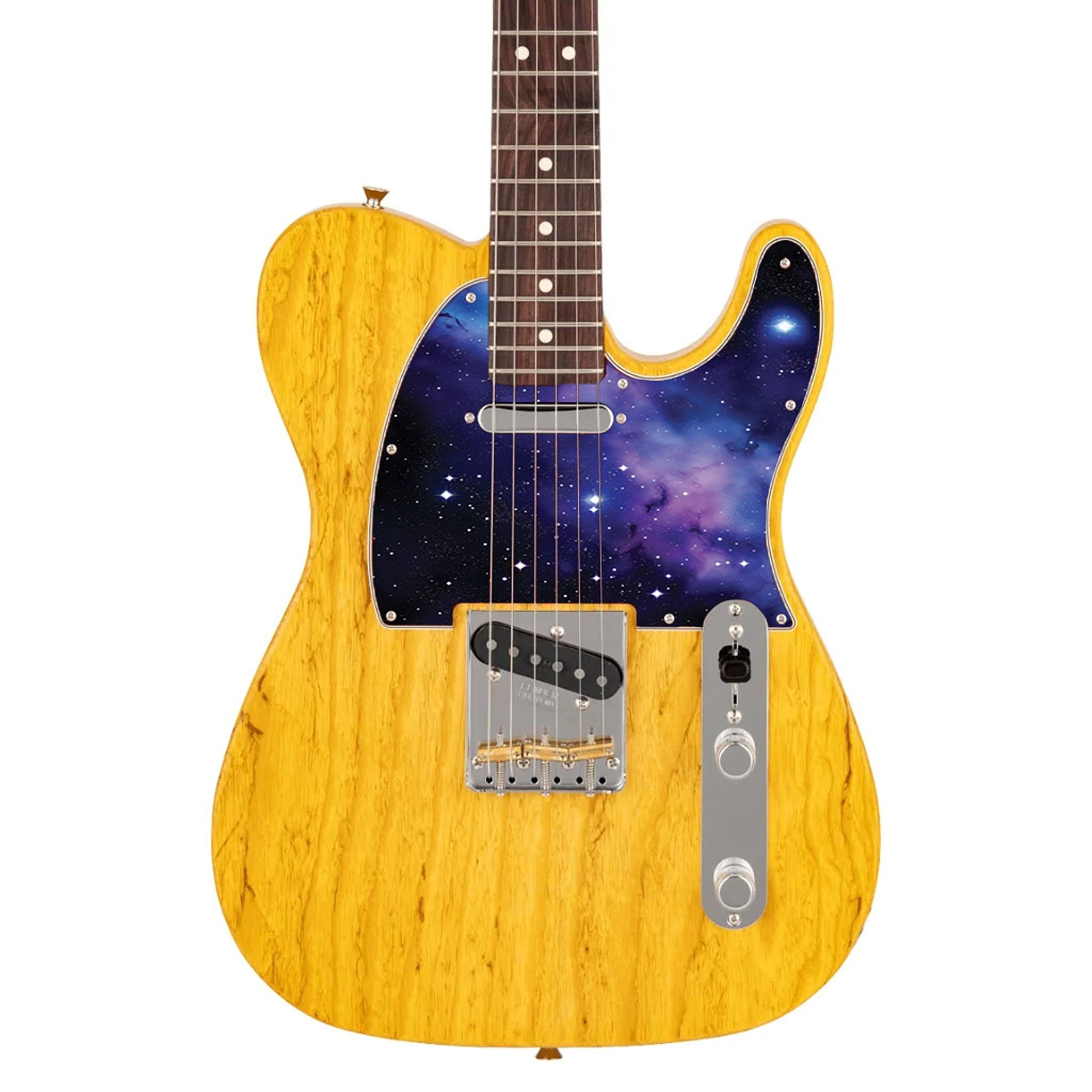 Egyedi Fender Telecaster gitár koptató lila-kék galaxis mintázattal, ragyogó csillagokkal és ködös űrhatással a kozmikus megjelenésért