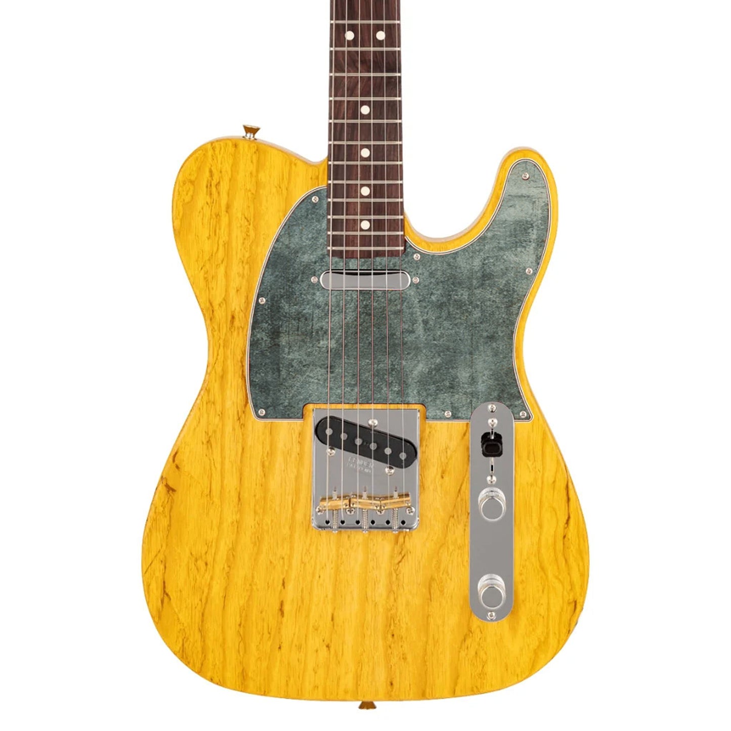 Egyedi Fender Telecaster gitár koptató fakó zöldes-szürke árnyalattal, érdes textúrával és enyhén patinás felülettel