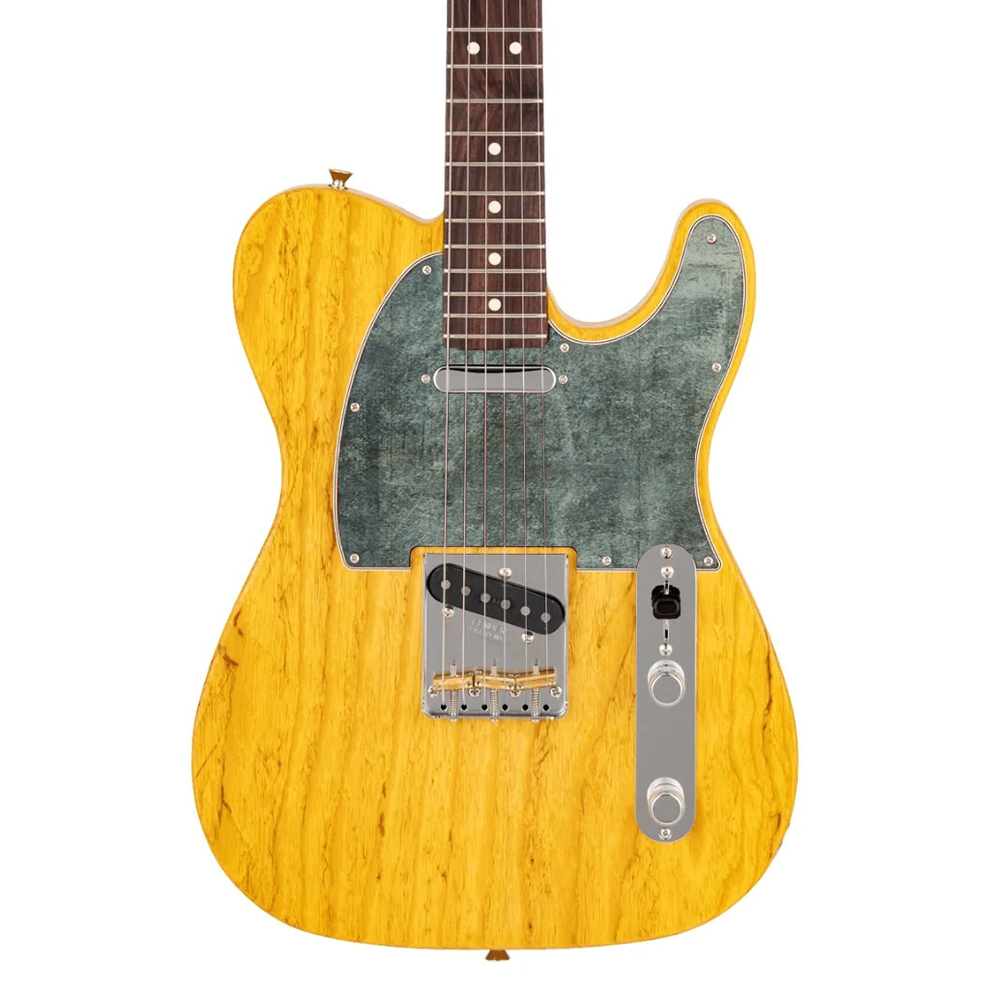Egyedi Fender Telecaster gitár koptató fakó zöldes-szürke árnyalattal, érdes textúrával és enyhén patinás felülettel