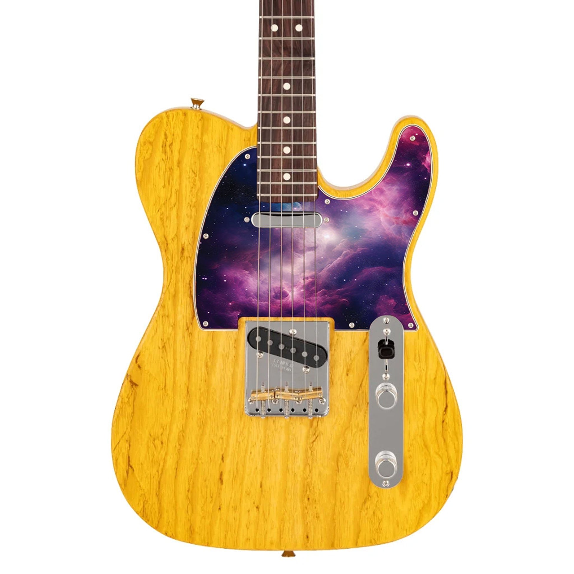 Egyedi Fender Telecaster gitárkoptató látványos galaxis mintázattal, rózsaszínes-lilás ködfelhőkkel és csillagokkal díszített űrhatással