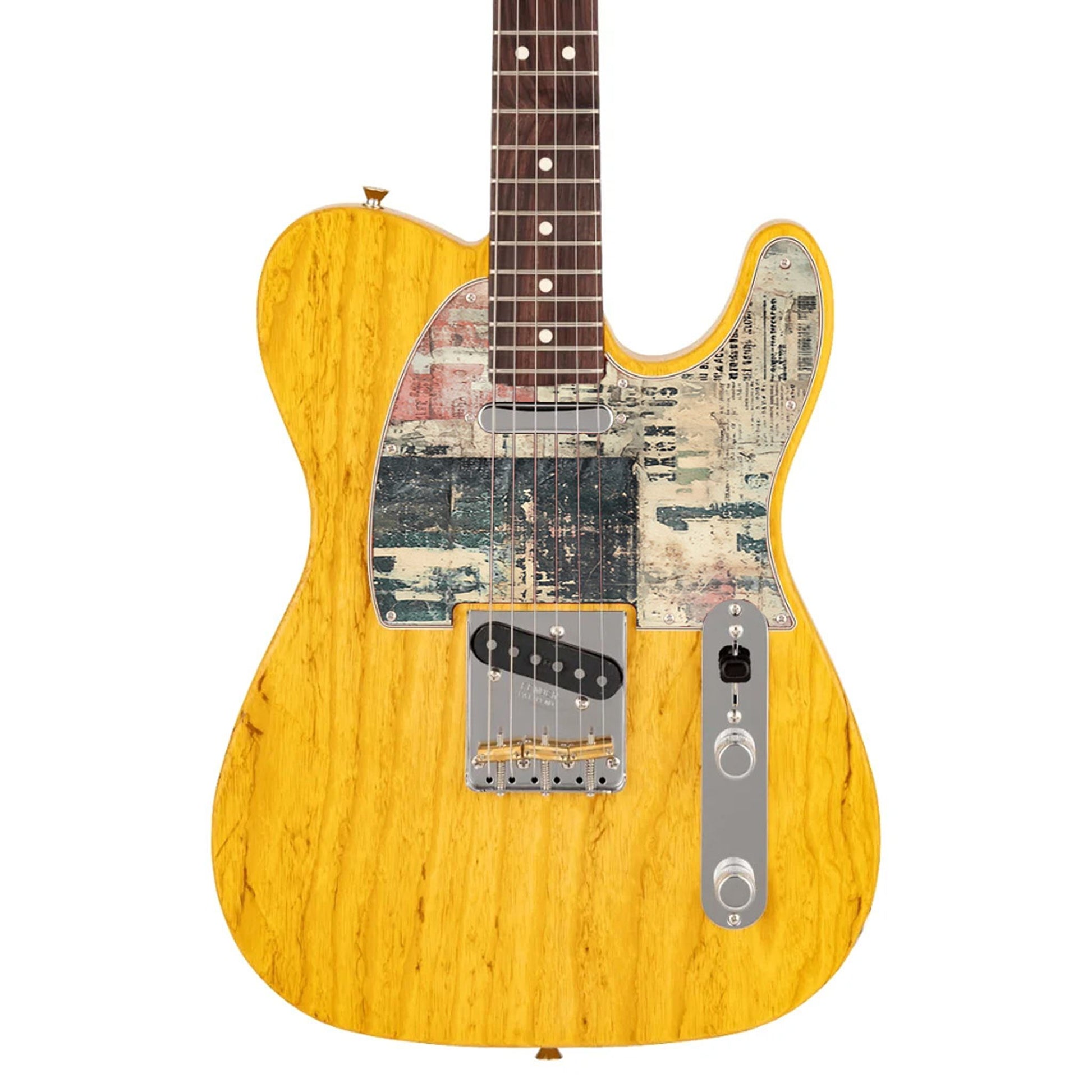 Vintage stílusú Telecaster gitárkoptató kopott számos mintával, egyedi gitárokhoz ideális.