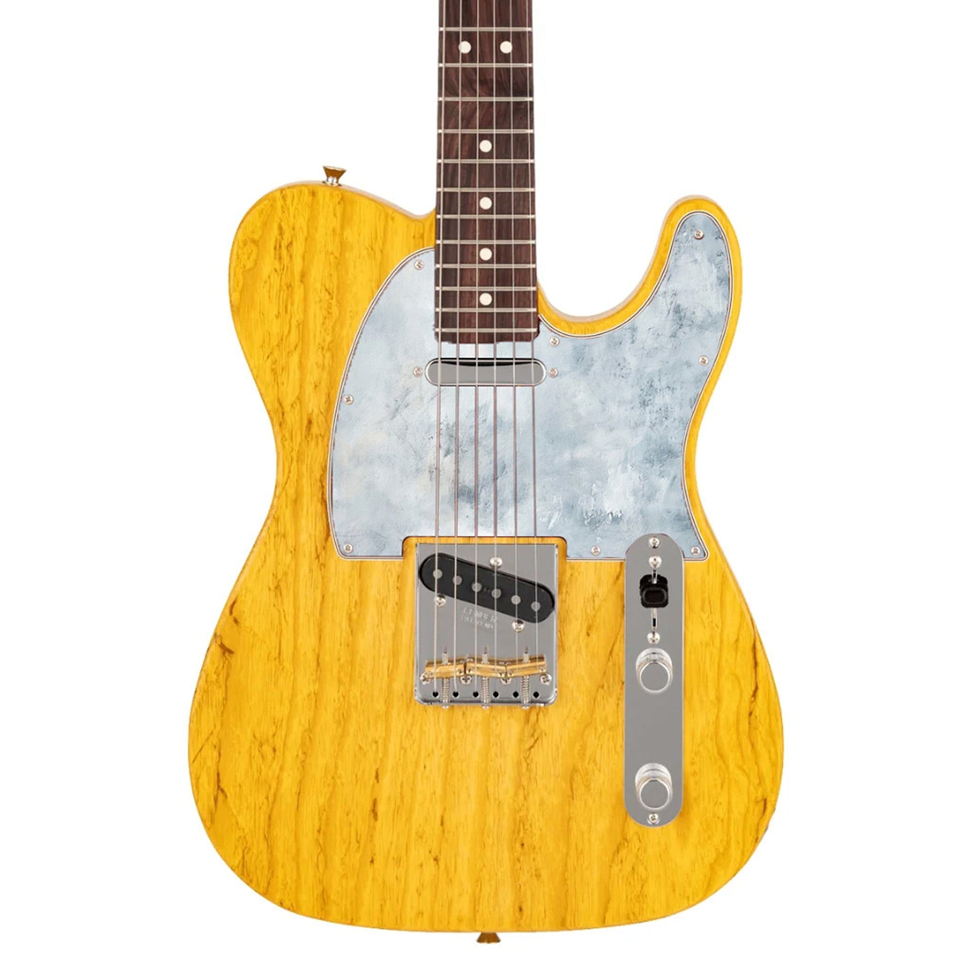 Egyedi Telecaster gitár koptató világoskék, felhőszerű textúrával, amely friss és letisztult megjelenést biztosít