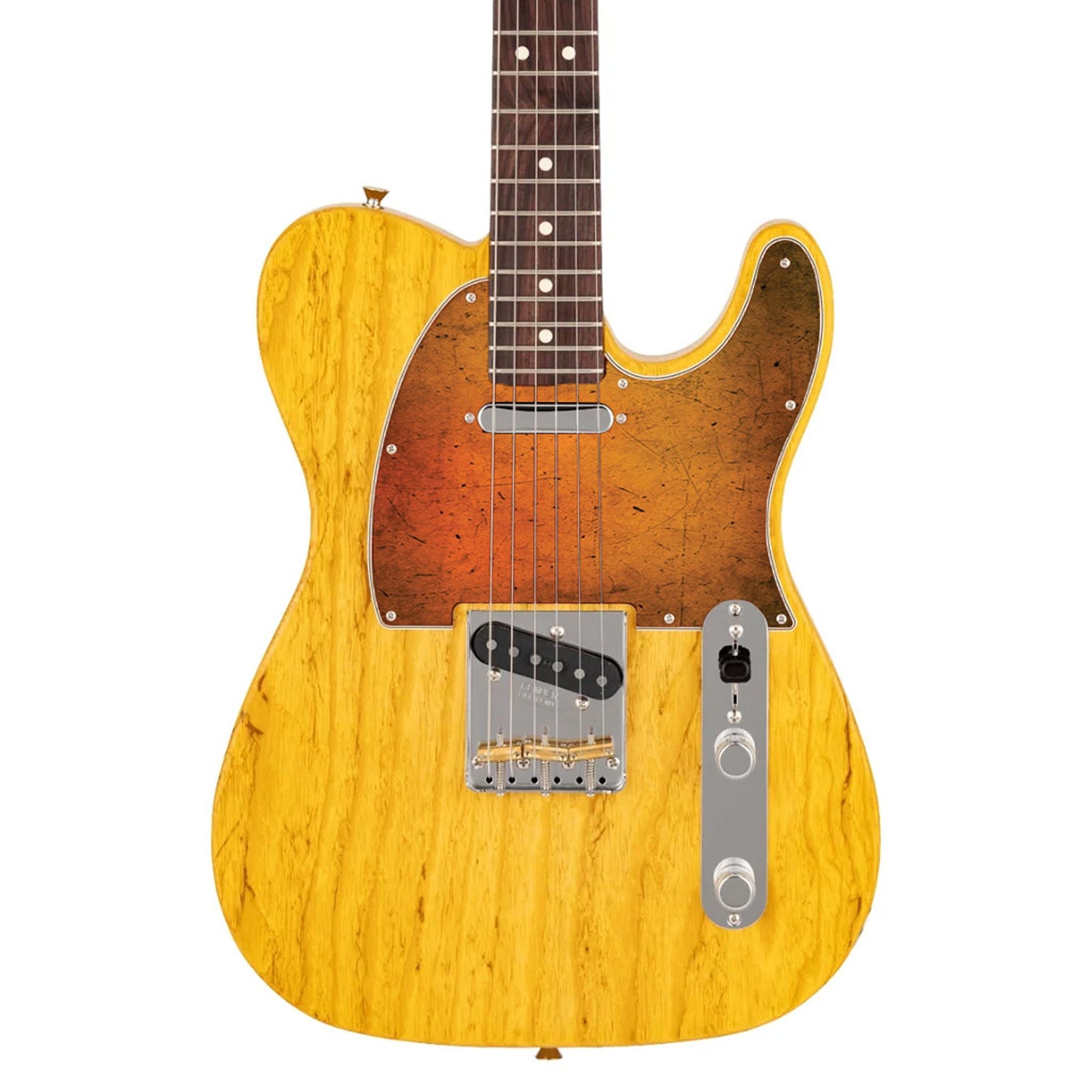 Egyedi Fender Telecaster gitár koptató élénk narancssárga tónusokkal, karcos felületi mintázattal és retró hatású megjelenéssel