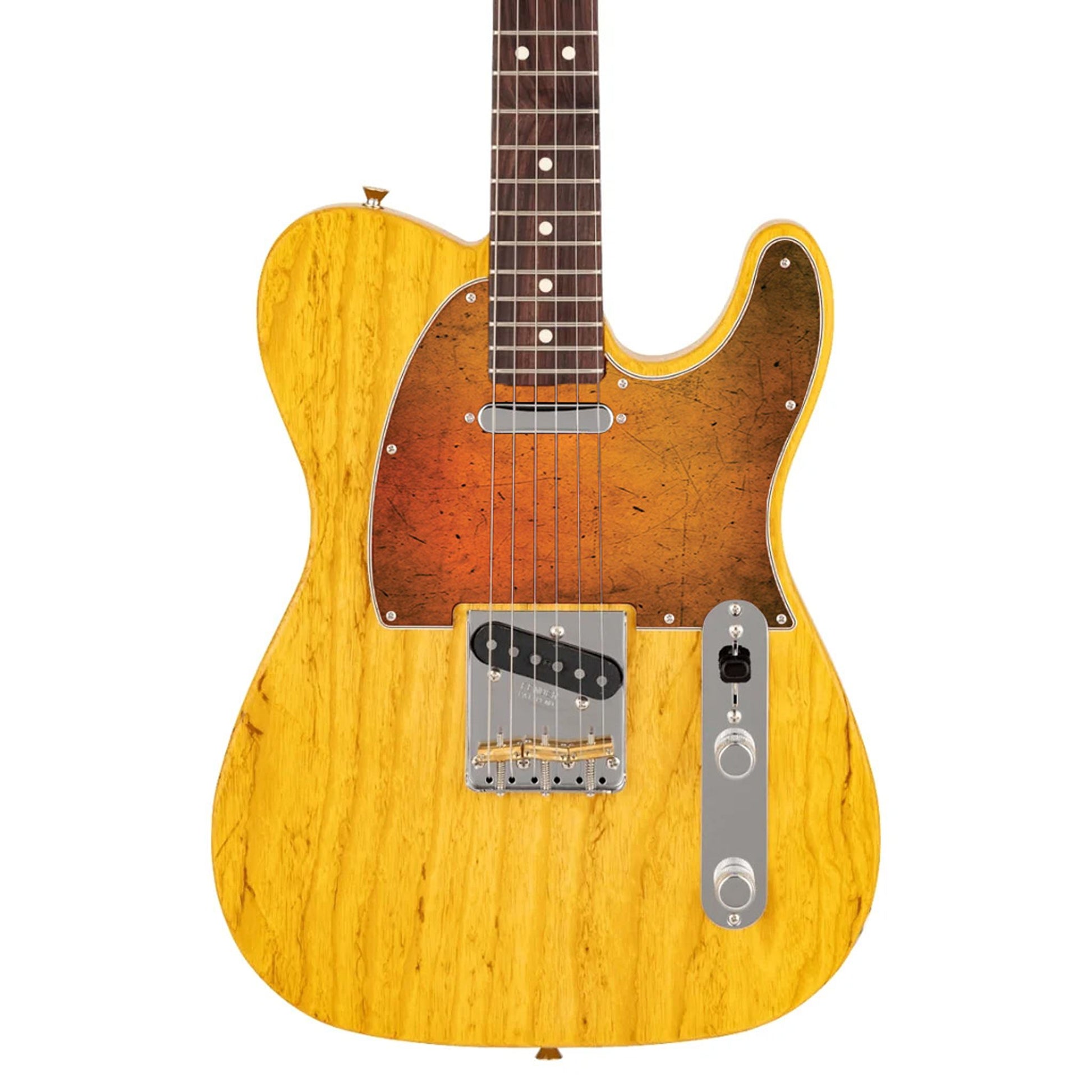 Egyedi Fender Telecaster gitár koptató élénk narancssárga tónusokkal, karcos felületi mintázattal és retró hatású megjelenéssel