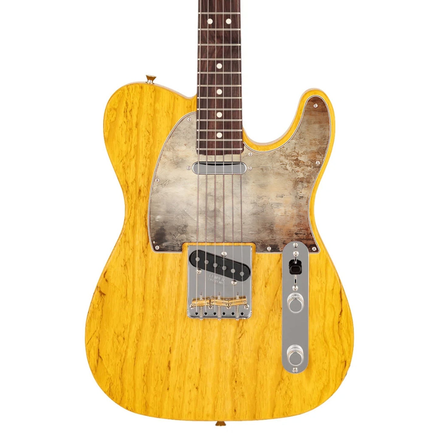 Egyedi Fender Telecaster gitár koptató rozsdásodó fémhatással, fakó bézs tónusokkal és mély narancsos oxidált foltokkal