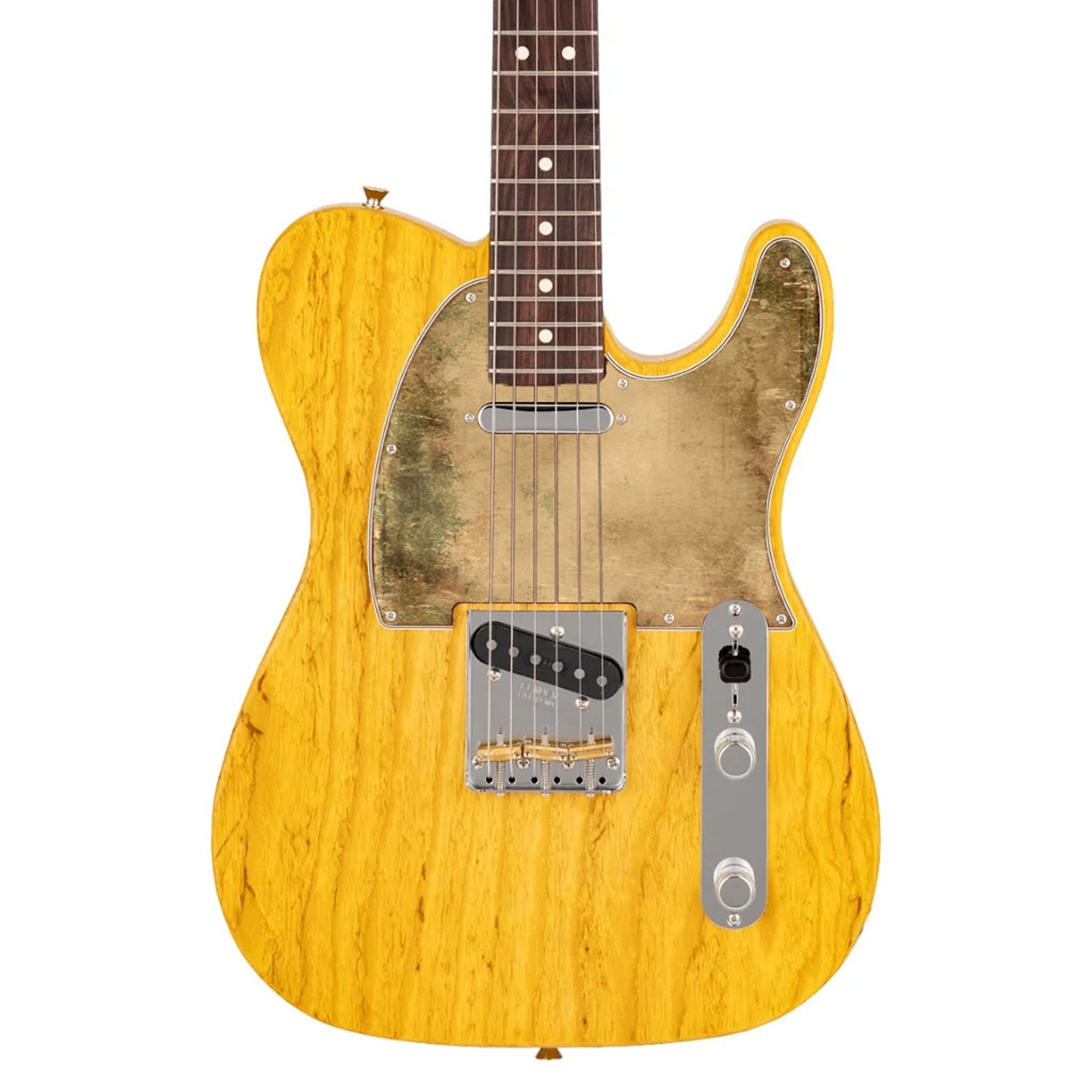 Egyedi Fender Telecaster gitár koptató antik arany árnyalattal, enyhe patinás foltokkal és vintage hatású felülettel