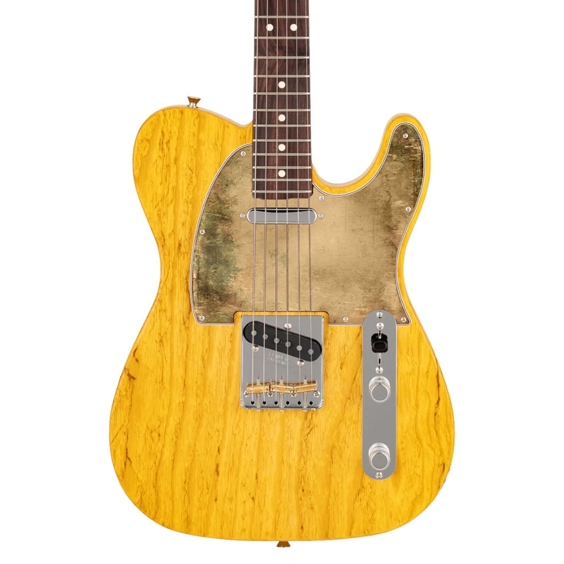 Egyedi Fender Telecaster gitár koptató antik arany árnyalattal, enyhe patinás foltokkal és vintage hatású felülettel